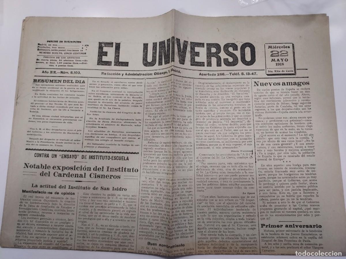 Coleccionismo de revistas y peri&oacute;dicos: Peri&oacute;dico EL UNIVERSO. Madrid 22 mayo 1918 n&ordm; 8100. Instituto Cardenal Cisneros San Isidro. Guerra