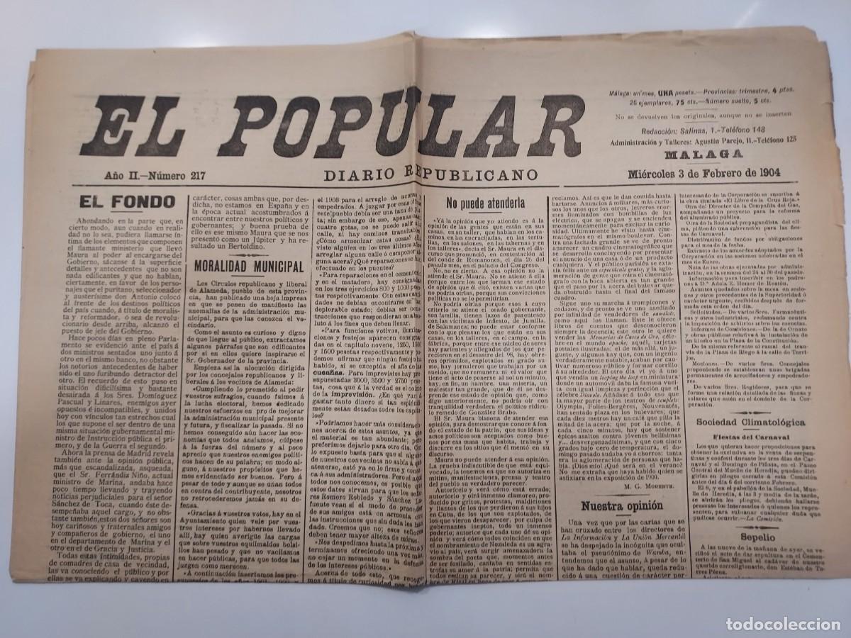 Collezionismo di Riviste e Giornali: Peri&oacute;dico EL POPULAR DIARIO REPUBLICANO. M&aacute;laga 3 febrero 1904 n&ordm; 217