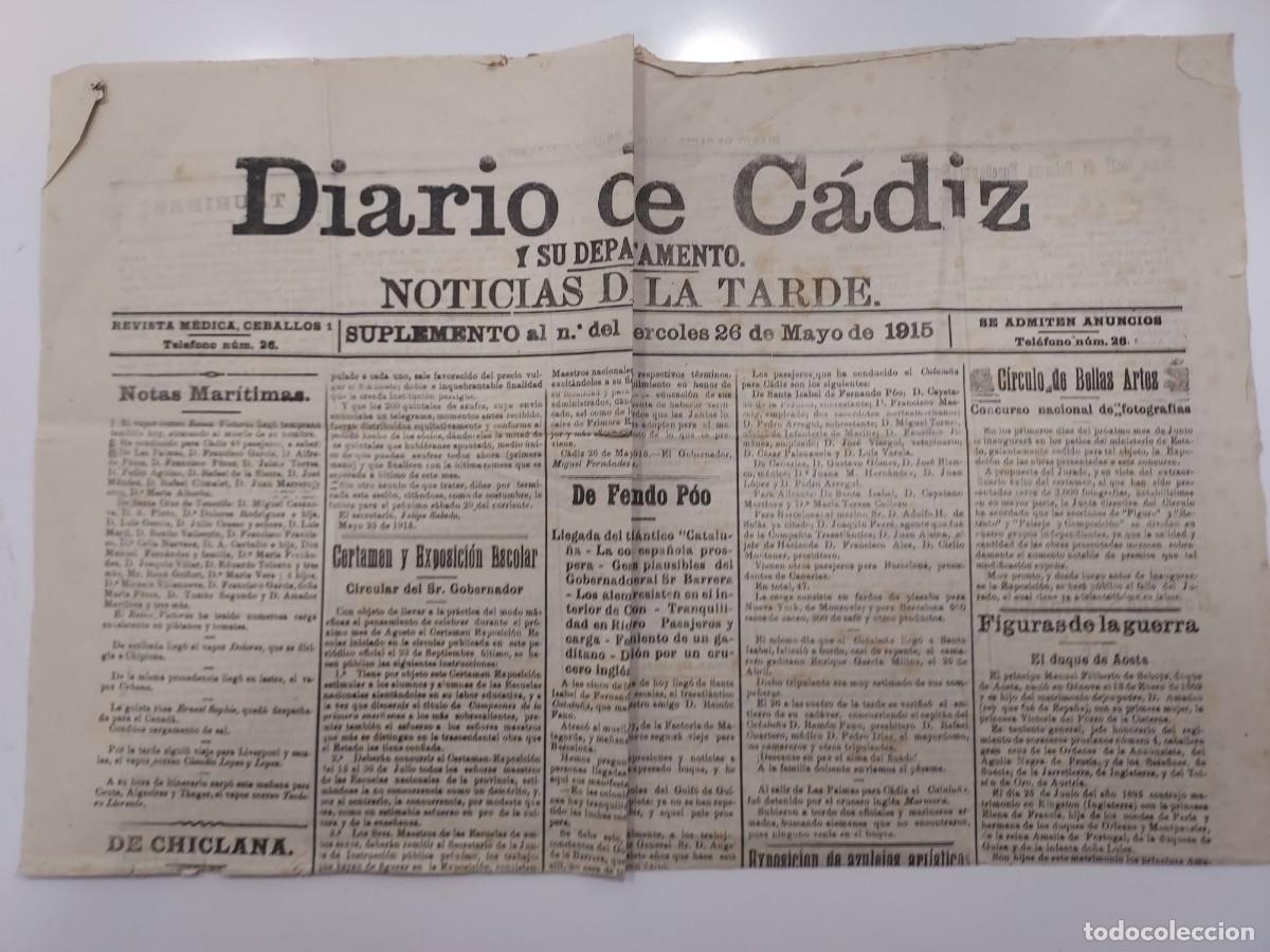 Collezionismo di Riviste e Giornali: Peri&oacute;dico DIARIO DE C&Aacute;DIZ Y SU DEPARTAMENTO. TARDE. 26 mayo 1915 Suplemento 1 p. Fernando Poo