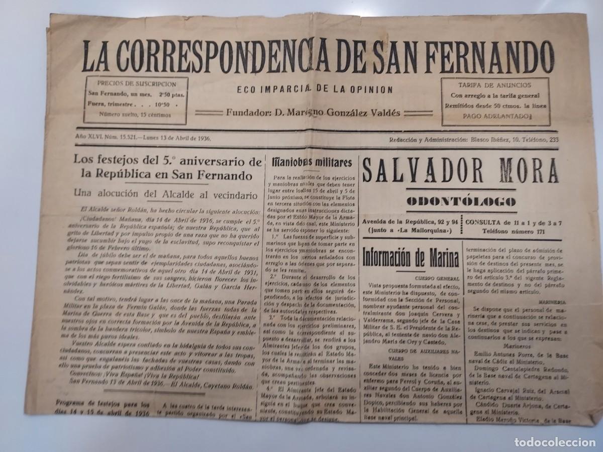 Collezionismo di Riviste e Giornali: Peri&oacute;dico LA CORRESPONDENCIA DE SAN FERNANDO. ECO IMPARCIAL DE OPINI&Oacute;N. 13 abril 1936 15521. (C&aacute;diz)