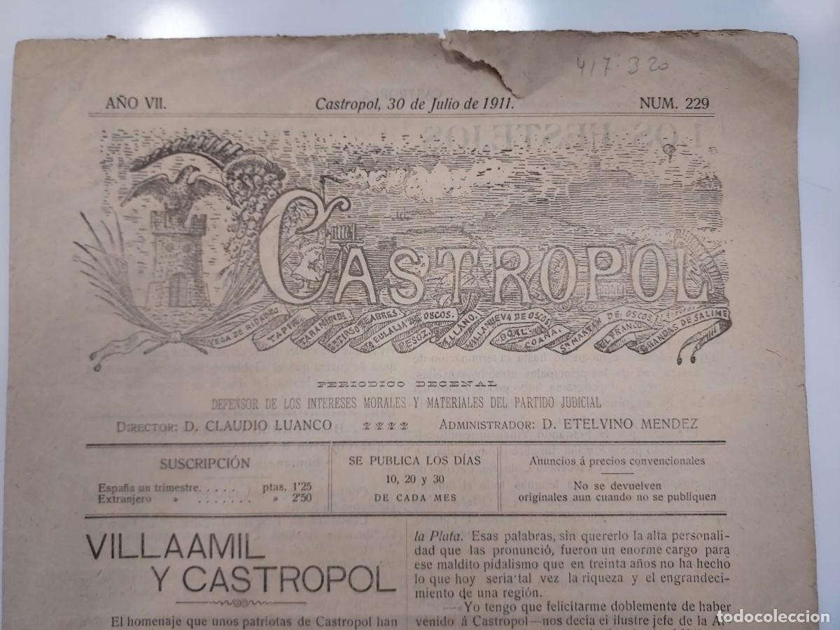 Collezionismo di Riviste e Giornali: CASTROPOL PERIODICO DECENAL DEFENSOR INTERESES MORALES PARTIDO JUDICIAL. 30 julio 1911 229. Asturias