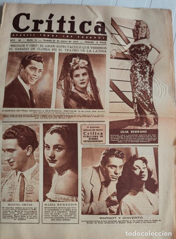 Coleccionismo de revistas y peri&oacute;dicos: REVISTA CRITICA A&Ntilde;O 1953, JAIME MARCO EL CHONI, VICENTE MAESTRE AMAT, FARINA EL REY GITANO Y MARISOL