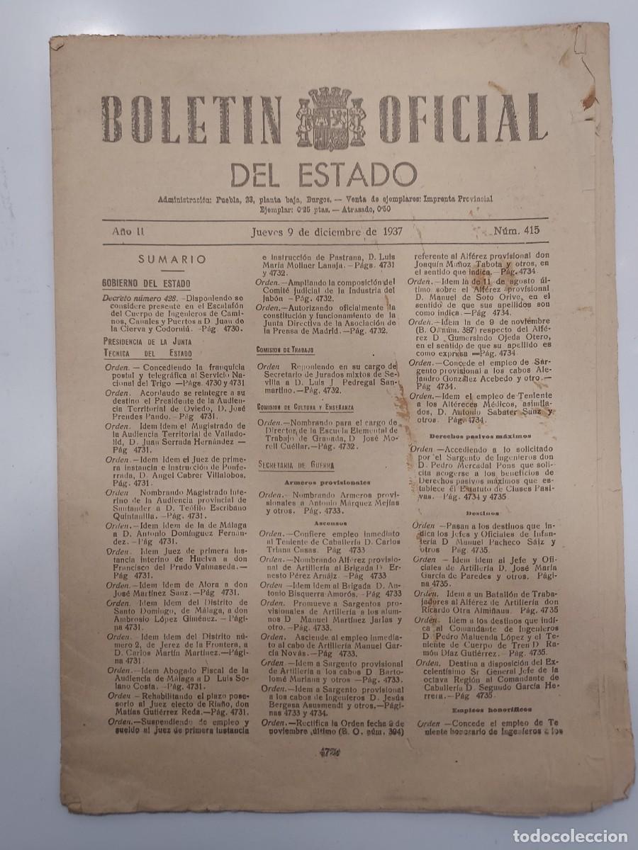 Coleccionismo de revistas y peri&oacute;dicos: BOLET&Iacute;N OFICIAL DEL ESTADO. BURGOS 9 diciembre 1937 A&ntilde;o II n&ordm; 415. (Guerra Civil zona nacional)