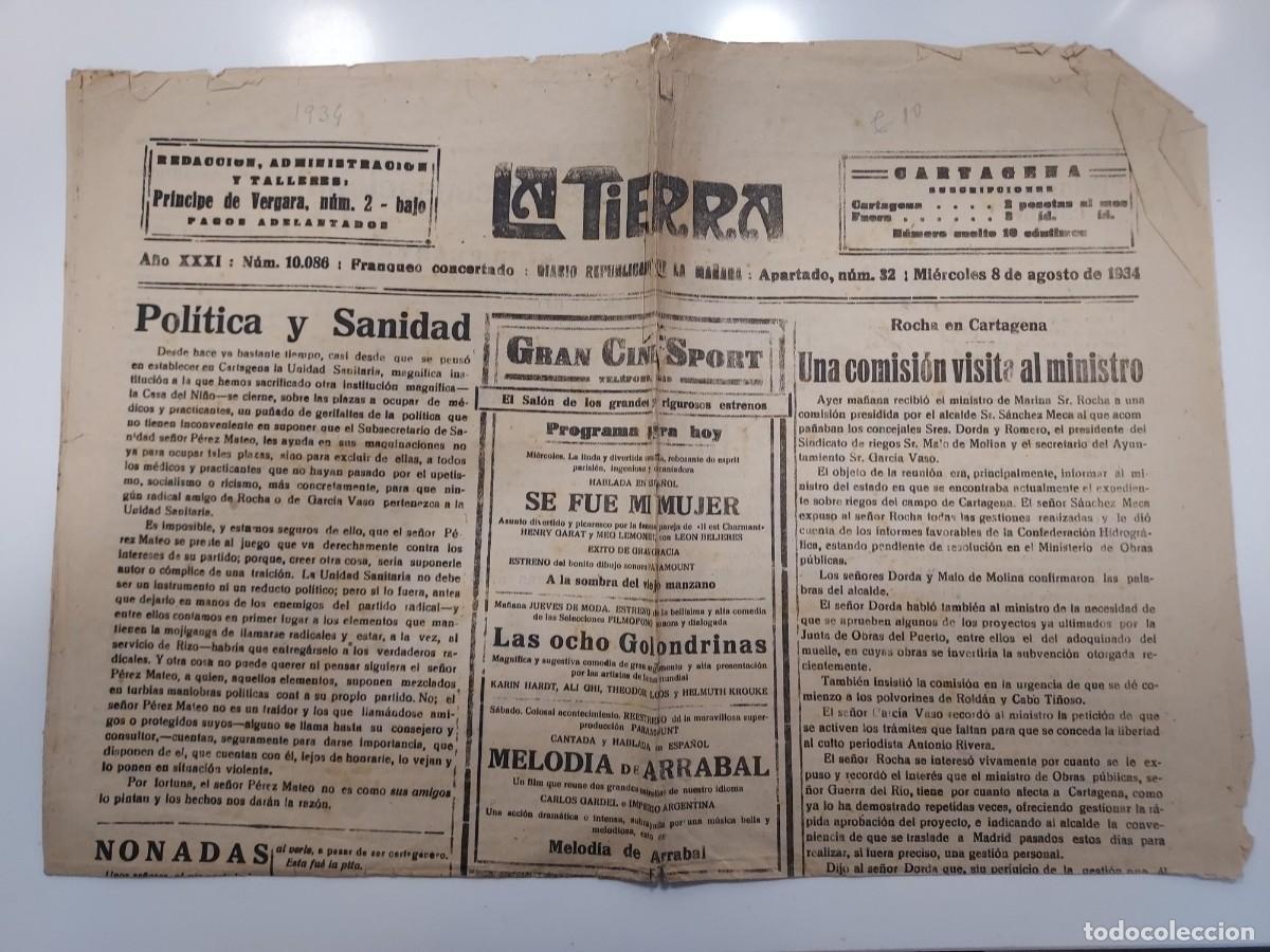 Coleccionismo de revistas y peri&oacute;dicos: Peri&oacute;dico LA TIERRA DIARIO REPUBLICANO DE LA MA&Ntilde;ANA. Cartagena 8 agosto 1934. (&eacute;poca Rep&uacute;blica)