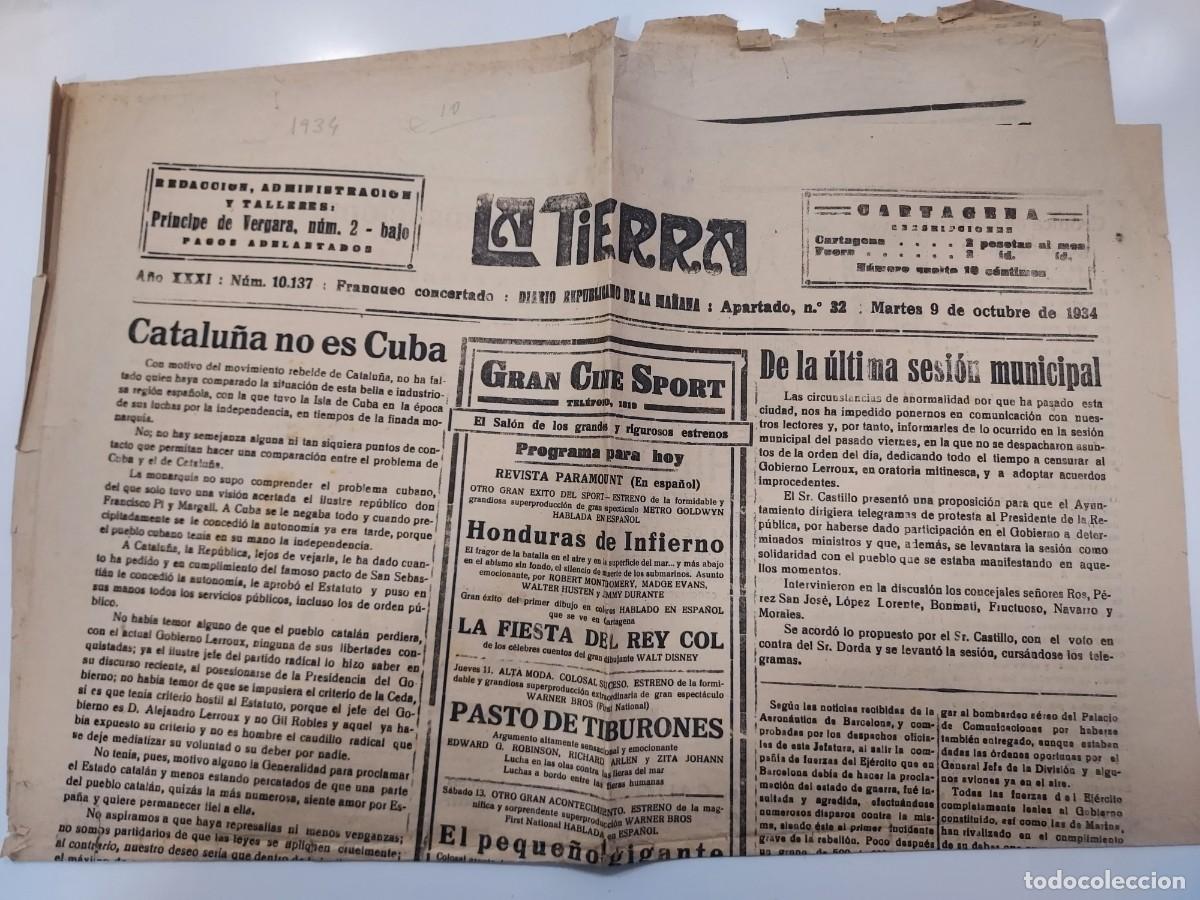 Coleccionismo de revistas y peri&oacute;dicos: Peri&oacute;dico LA TIERRA DIARIO REPUBLICANO DE LA MA&Ntilde;ANA. Cartagena 9 octubre 1934. (Rep&uacute;blica). DEFECTO