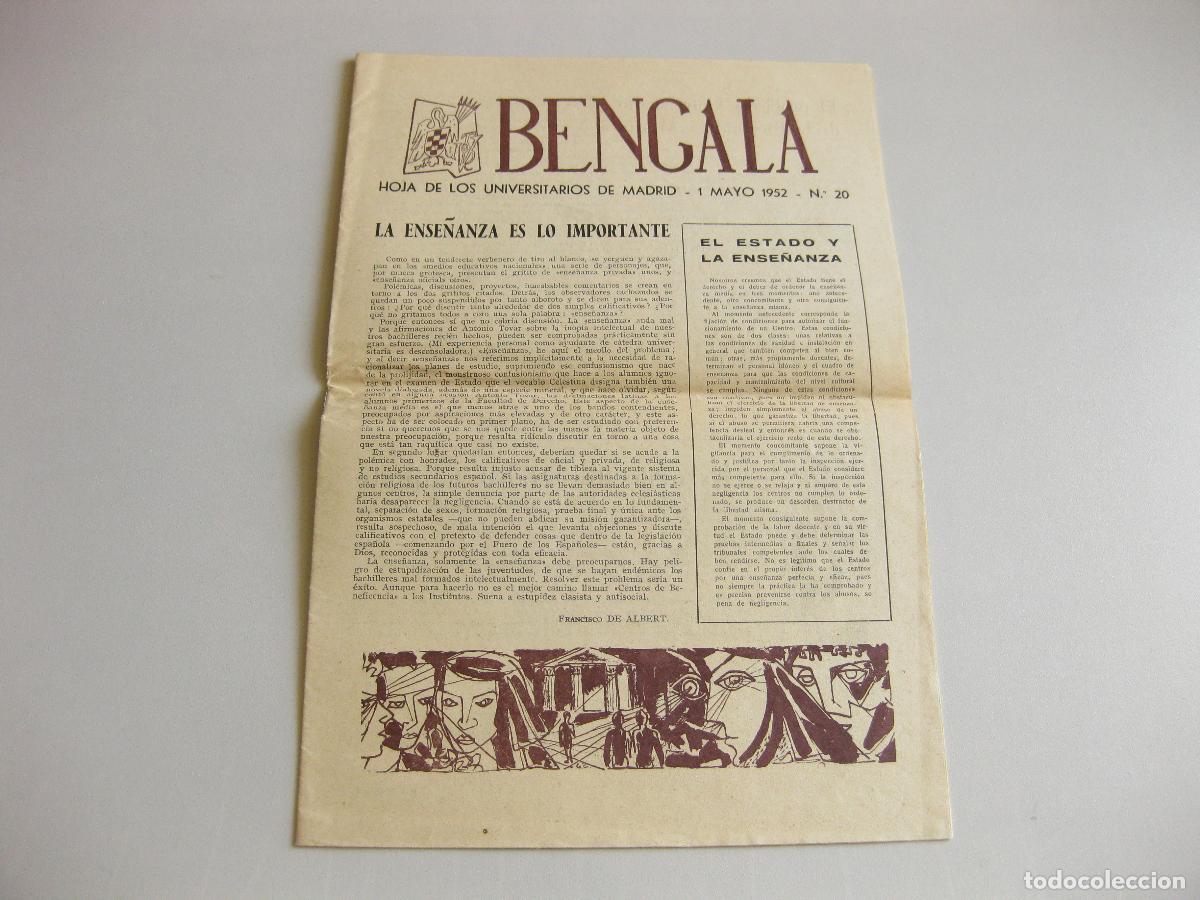 Coleccionismo de revistas y peri&oacute;dicos: REVISTA BENGALA. HOJA DE LOS UNIVERSITARIOS DE MADRID N&ordm; 20. 1952. LA ENSE&Ntilde;ANZA ES LO IMPORTANTE