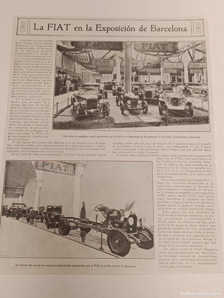 Coleccionismo de revistas y peri&oacute;dicos: Automovilismo 1927: La FIAT en el V Sal&oacute;n de Barcelona &mdash; Coches Fiat 509 Spider Monza y Camiones Ind