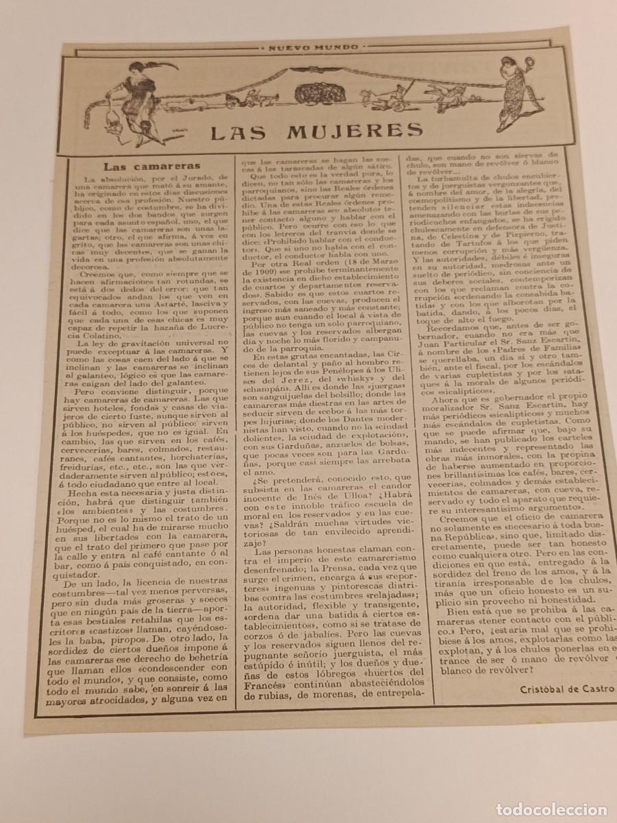 Coleccionismo de revistas y peri&oacute;dicos: Art&iacute;culo Original c. 1909: El Trabajo Femenino y las Camareras &mdash; Crist&oacute;bal de Castro. Nuevo Mundo.