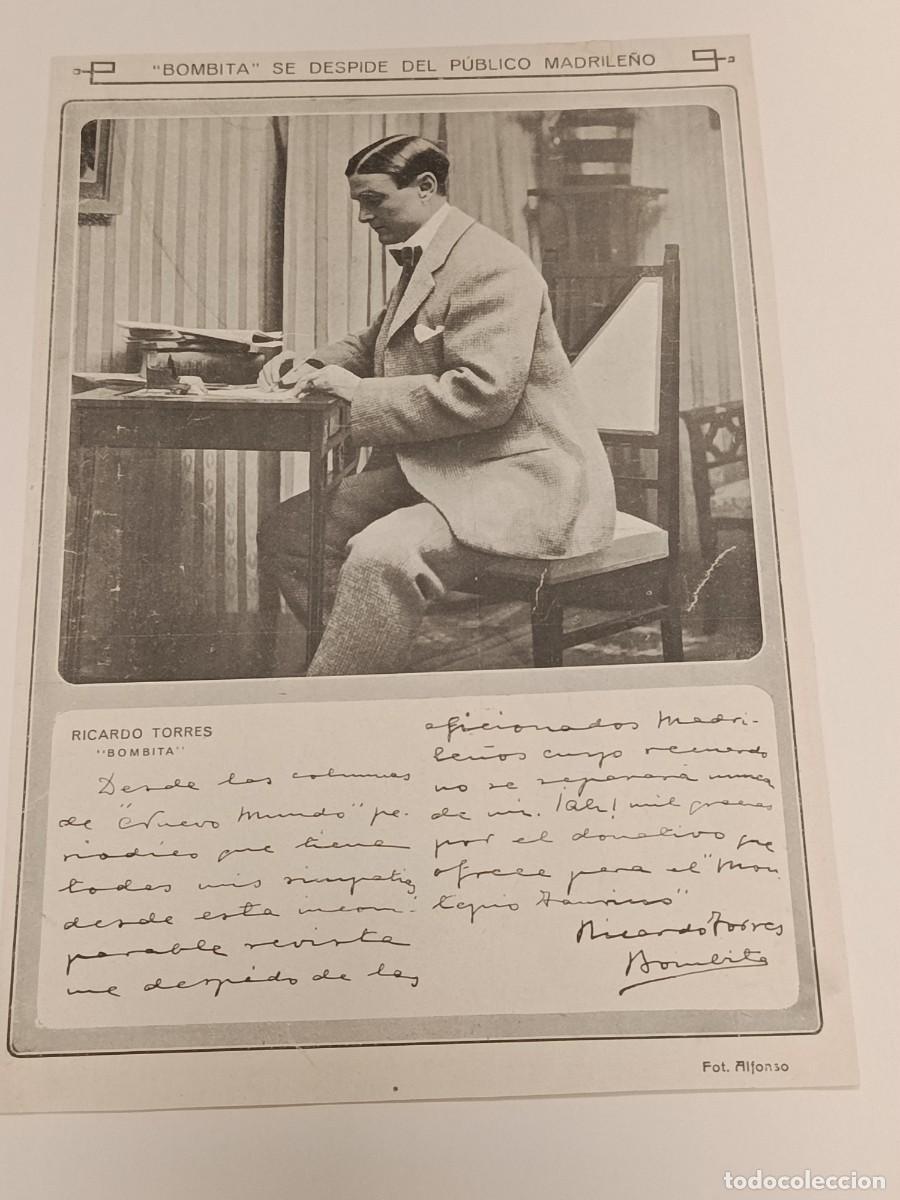 Coleccionismo de revistas y peri&oacute;dicos: Taurino 1913: Despedida de Ricardo Torres &rdquo;Bombita&rdquo; &mdash; Carta Aut&oacute;grafa y Foto de Alfonso. Original