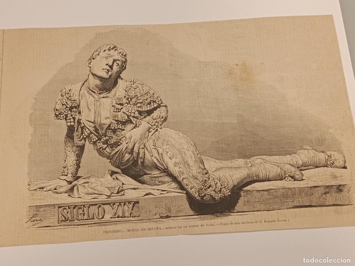 Coleccionismo de revistas y peri&oacute;dicos: Xilograf&iacute;a Antigua 1875: Escultura &rdquo;Torero Herido&rdquo; de Rosendo Novas. Ilustraci&oacute;n Espa&ntilde;ola y American