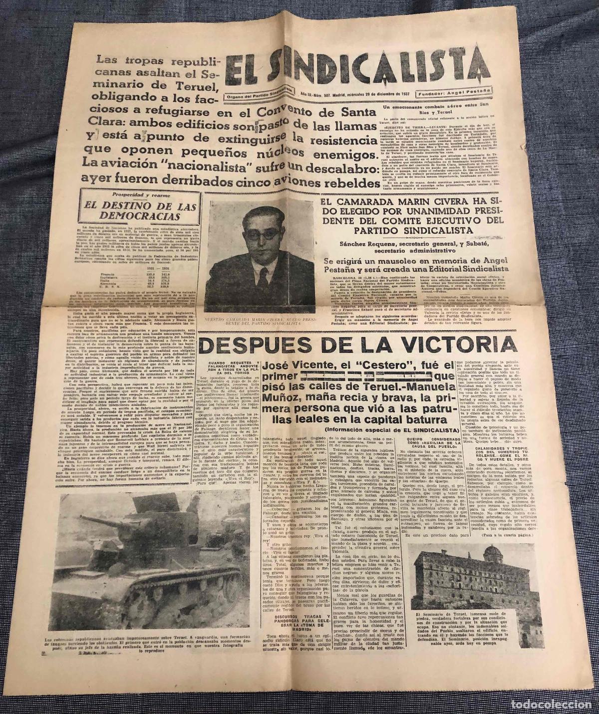 Coleccionismo de revistas y peri&oacute;dicos: DIARIO EL SINDICALISTA. MADRID. N&ordm; 587. 29 DICIEMBRE 1937. GUERRA CIVIL ESPA&Ntilde;OLA