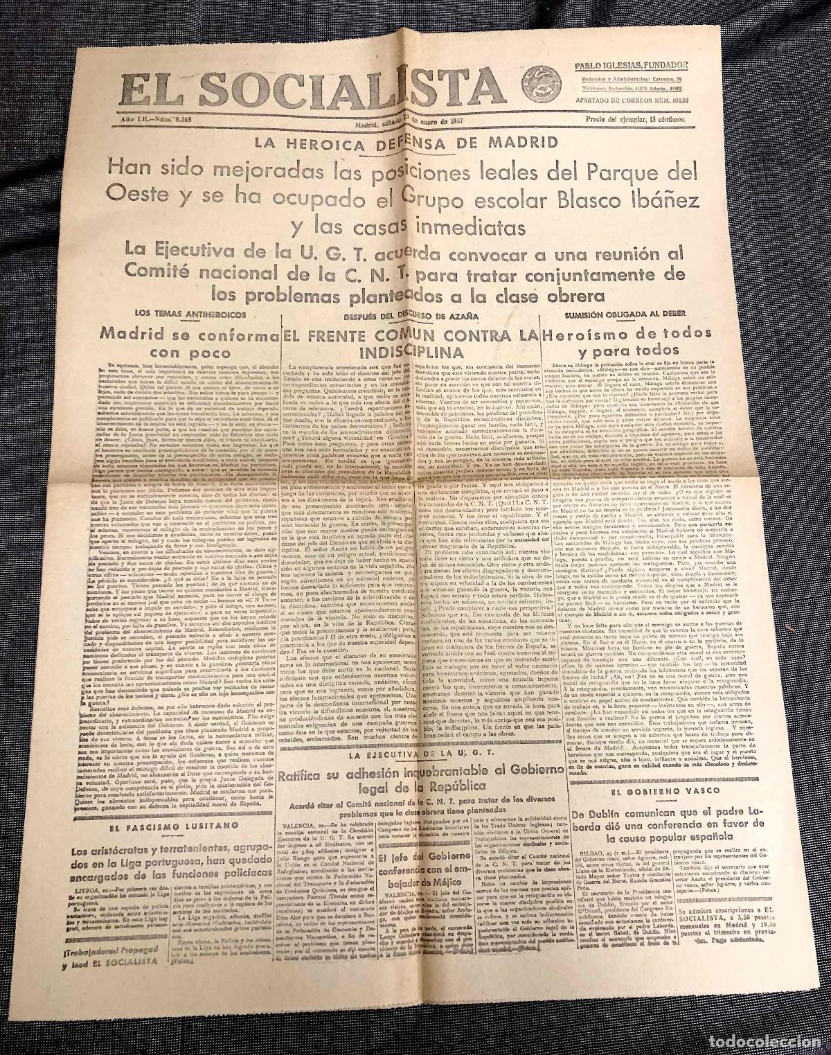 Coleccionismo de revistas y peri&oacute;dicos: PERIODICO EL SOCIALISTA. PABLO IGLESIAS, FUNDADOR. N&ordm; 8365. MADRID, 23 ENERO 1937. GUERRA CIVIL