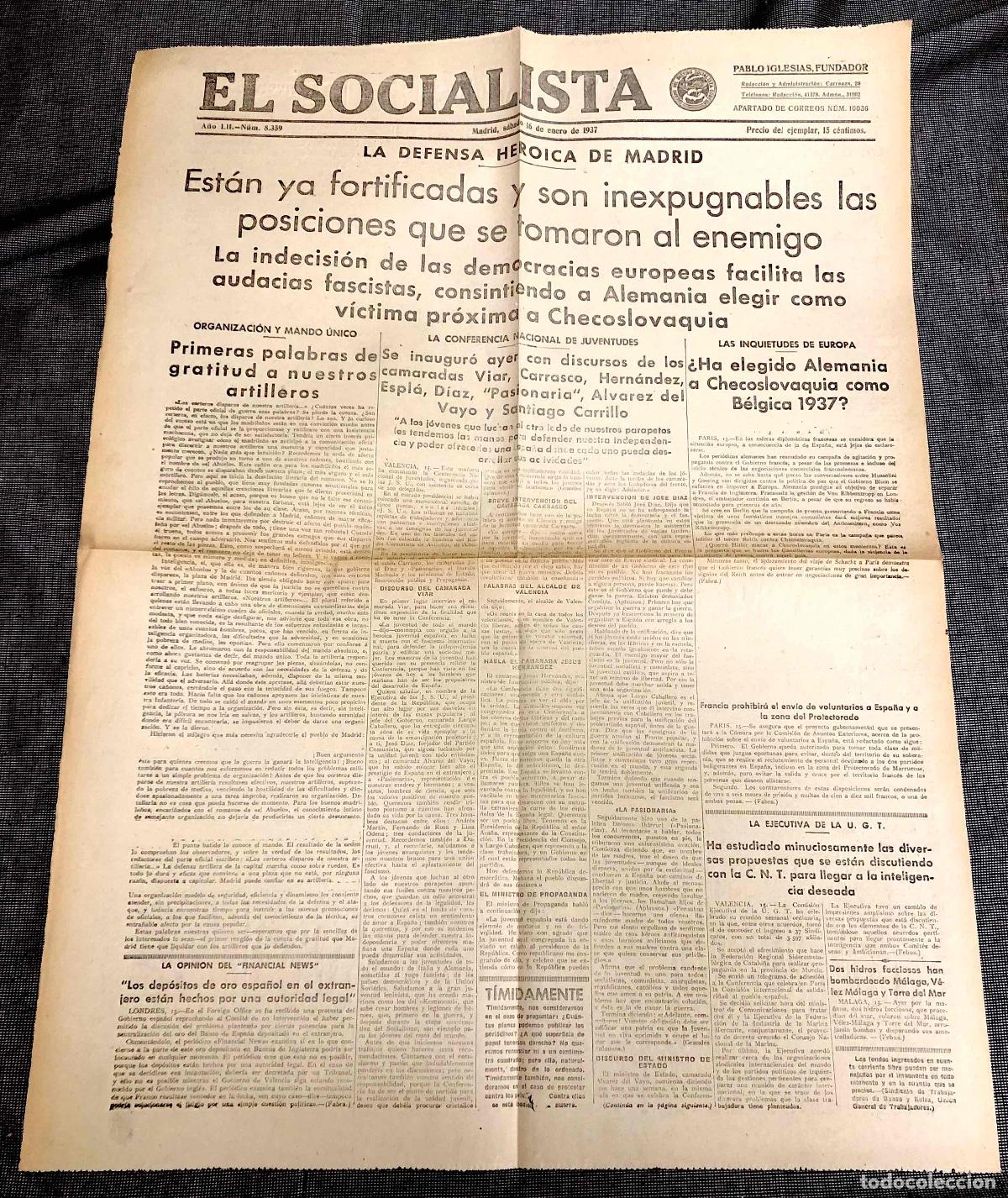 Coleccionismo de revistas y peri&oacute;dicos: PERIODICO EL SOCIALISTA. PABLO IGLESIAS, FUNDADOR. N&ordm; 8359. MADRID, 16 ENERO 1937. GUERRA CIVIL