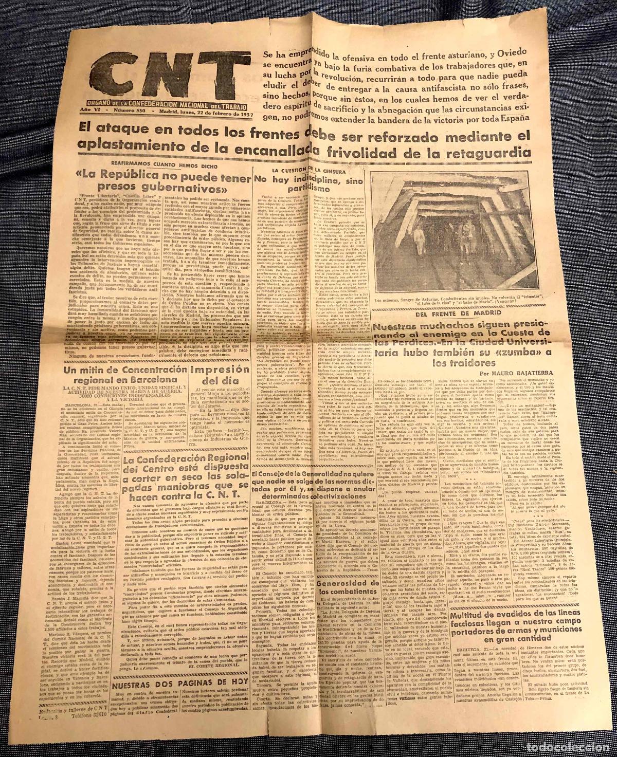 Coleccionismo de revistas y peri&oacute;dicos: DIARIO CNT. N&ordm; 550. 22 DE FEBRERO DE 1937. GUERRA CIVIL