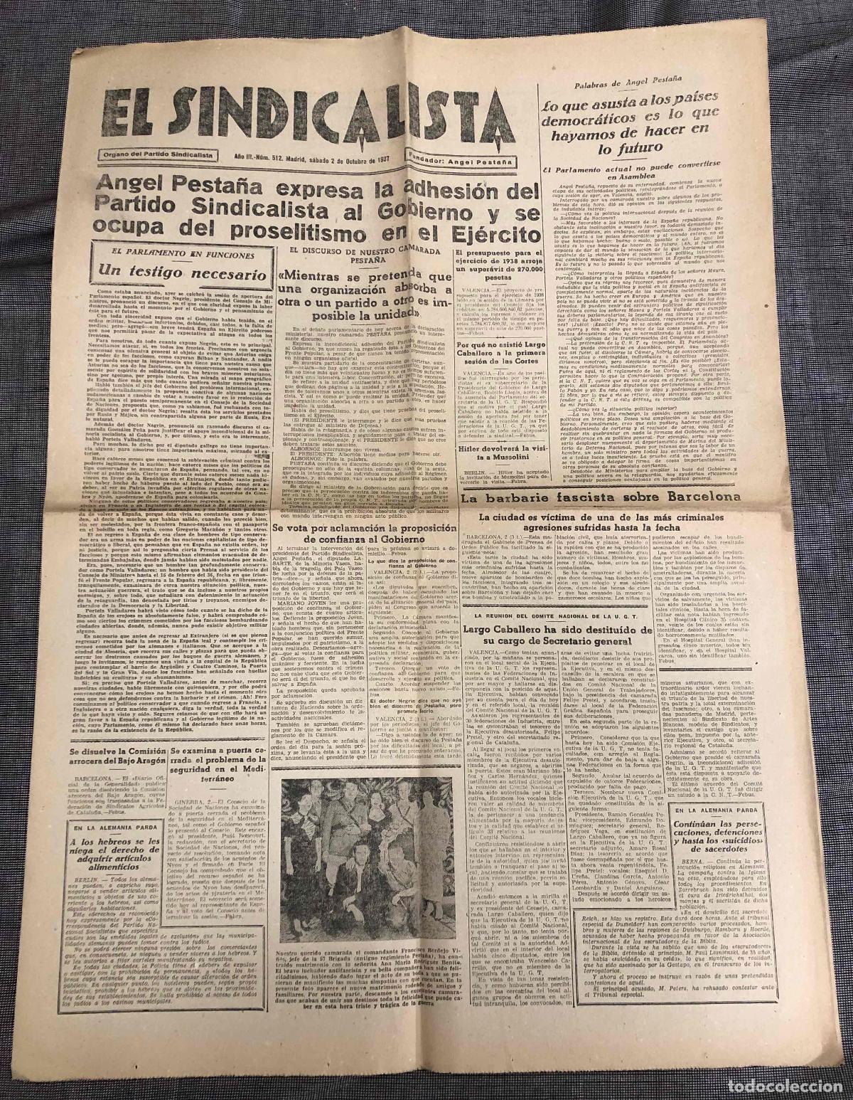 Coleccionismo de revistas y peri&oacute;dicos: DIARIO EL SINDICALISTA. MADRID. N&ordm; 512. 2 OCTUBRE 1937. GUERRA CIVIL ESPA&Ntilde;OLA
