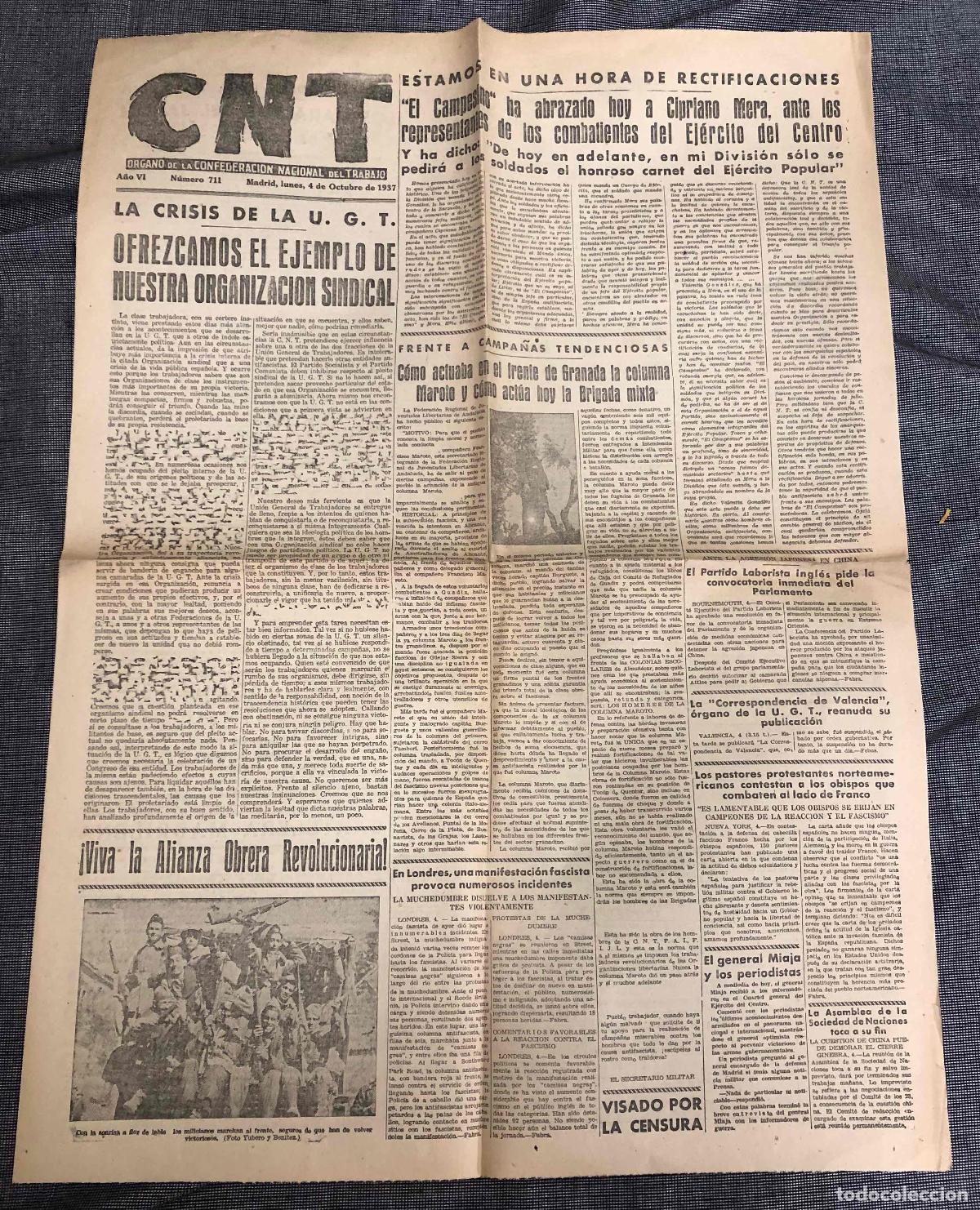 Coleccionismo de revistas y peri&oacute;dicos: DIARIO CNT. N&ordm; 711. 4 DE OCTUBRE DE 1937. GUERRA CIVIL