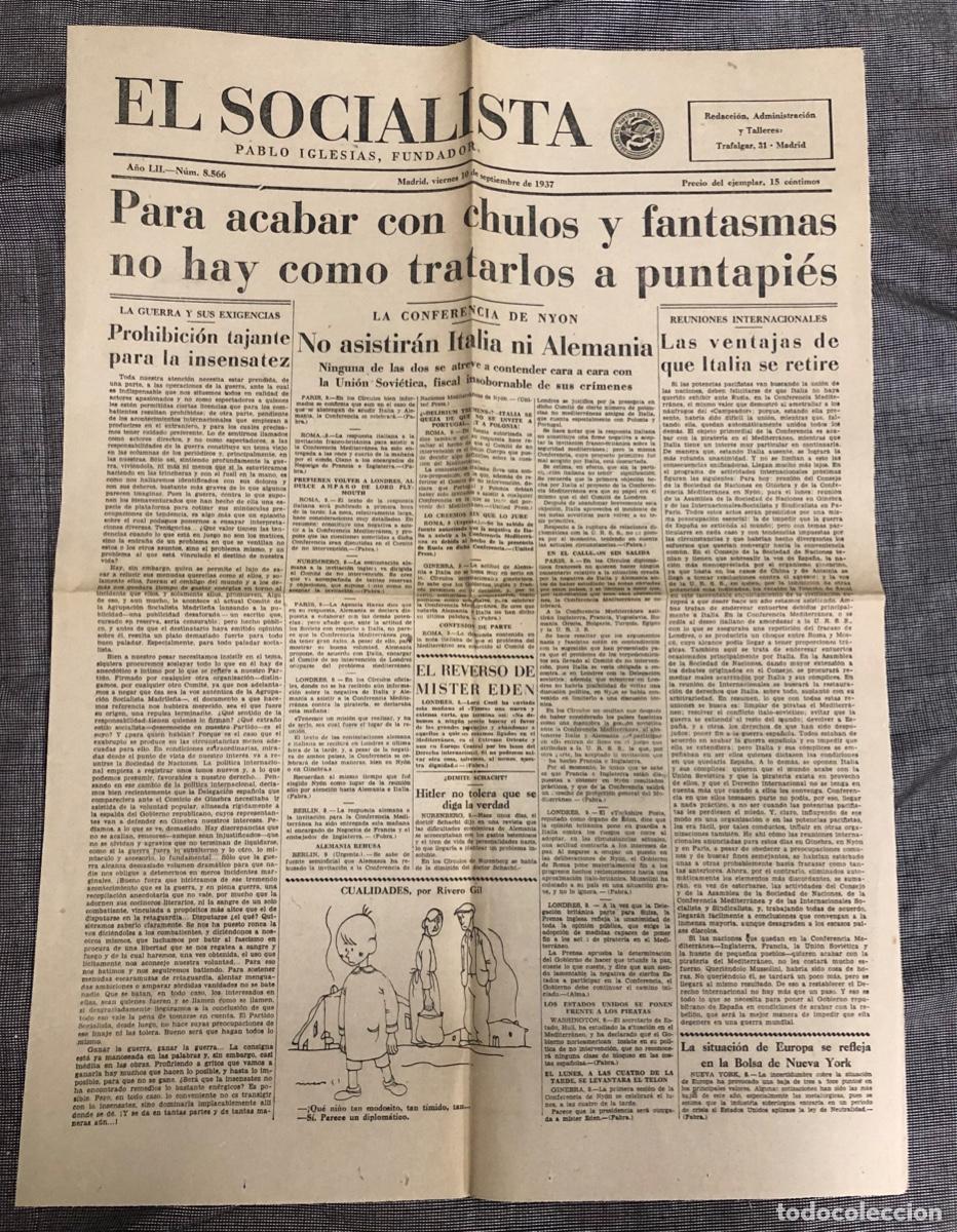 Coleccionismo de revistas y peri&oacute;dicos: PERIODICO EL SOCIALISTA. PABLO IGLESIAS, FUNDADOR. N&ordm; 8566. MADRID, 10 SEPTIEMBRE 1937. GUERRA CIVIL