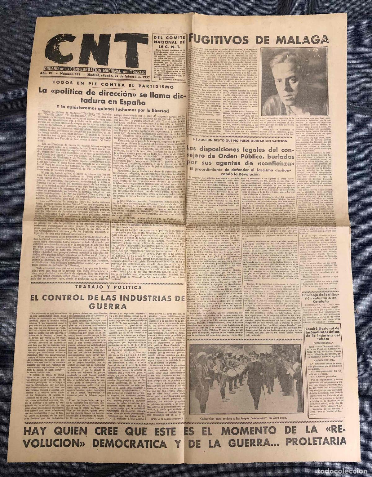 Coleccionismo de revistas y peri&oacute;dicos: DIARIO CNT. N&ordm; 555. 27 DE FEBRERO DE 1937. GUERRA CIVIL