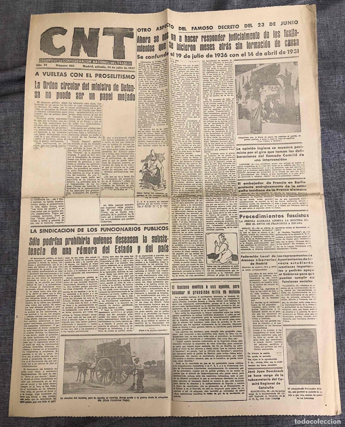 Coleccionismo de revistas y peri&oacute;dicos: DIARIO CNT. N&ordm; 666. 24 DE JULIO DE 1937. GUERRA CIVIL. CON NOTICIAS CENSURADAS