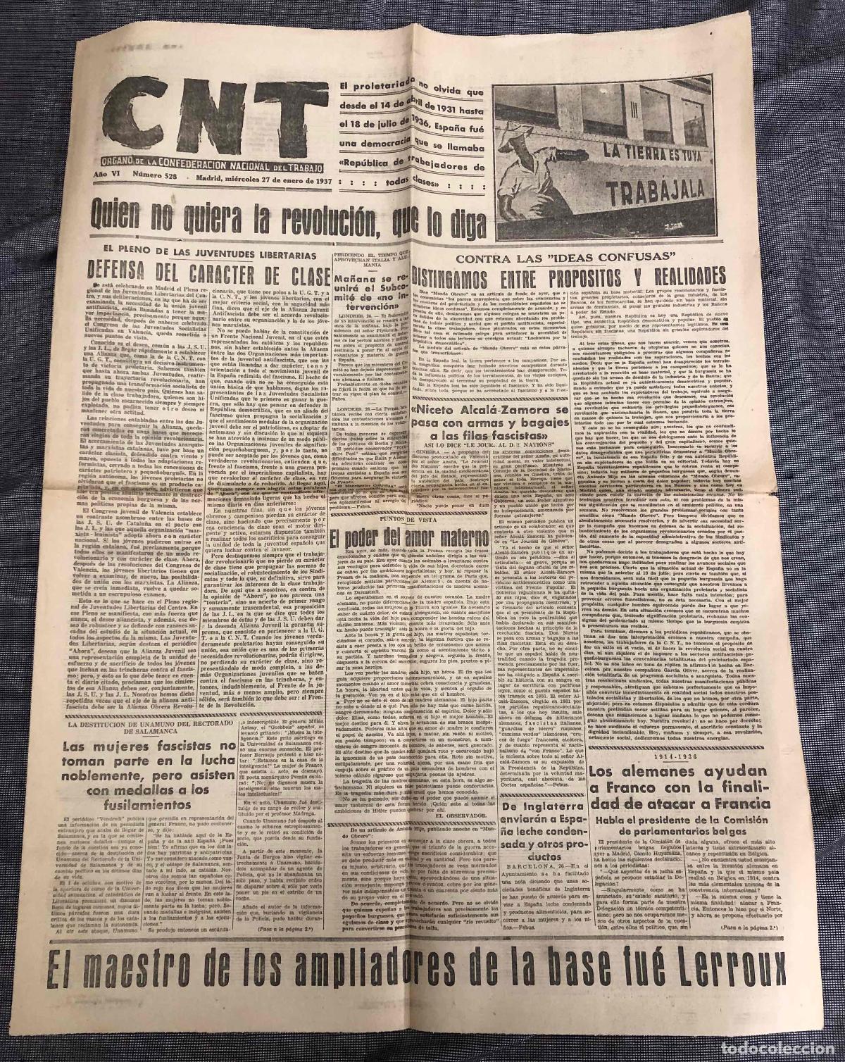 Coleccionismo de revistas y peri&oacute;dicos: DIARIO CNT. N&ordm; 528. 27 DE ENERO DE 1937. GUERRA CIVIL