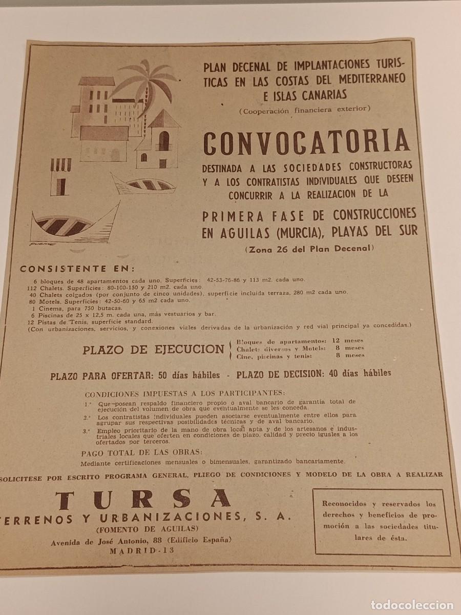 Coleccionismo de revistas y peri&oacute;dicos: Publicidad Antigua 1959: Terrenos y Urbanizaciones TURSA (&Aacute;guilas). Ilustraci&oacute;n de Puente. Original