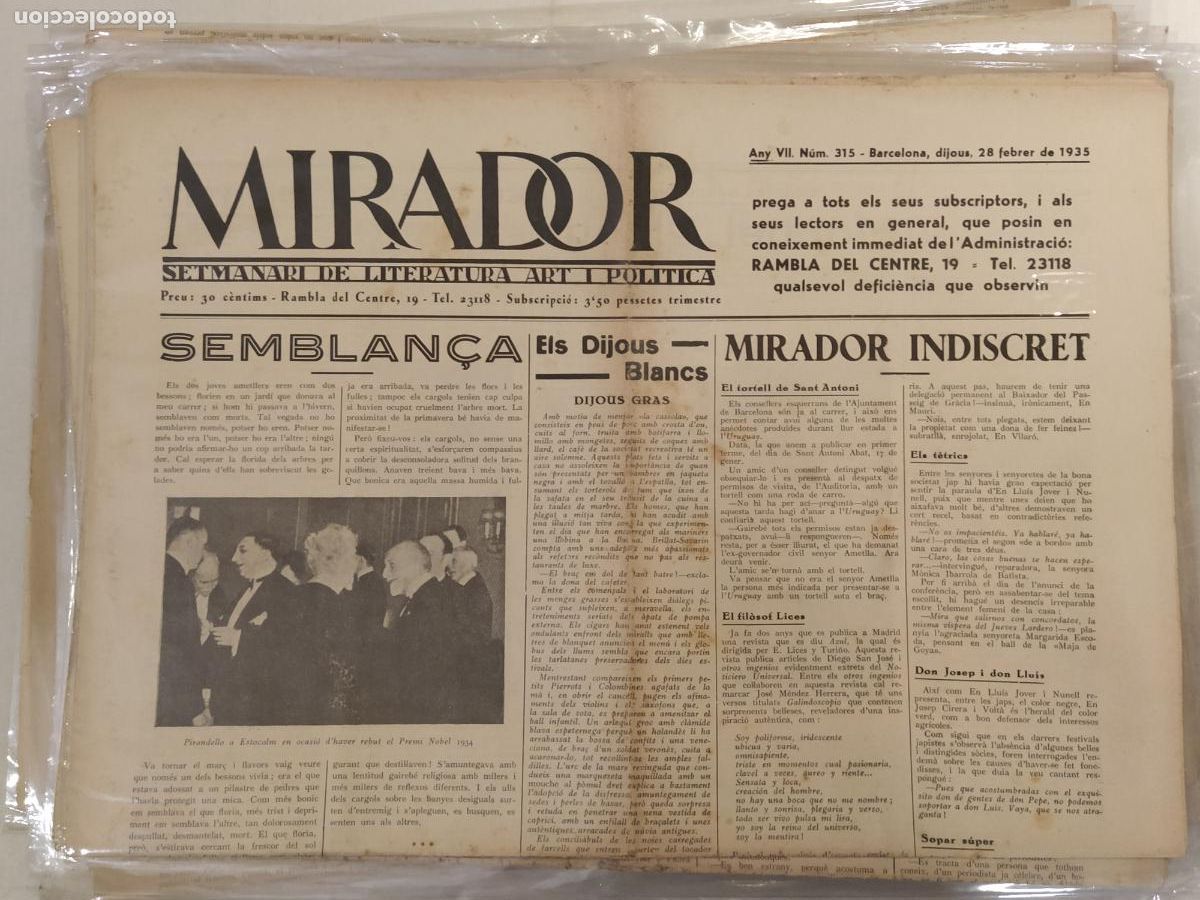Coleccionismo de revistas y peri&oacute;dicos: MIRADOR - ANY 1935 NUMERO 315 - REPUBLICA - SETMANARI DE LITERATURA ART I POLITICA