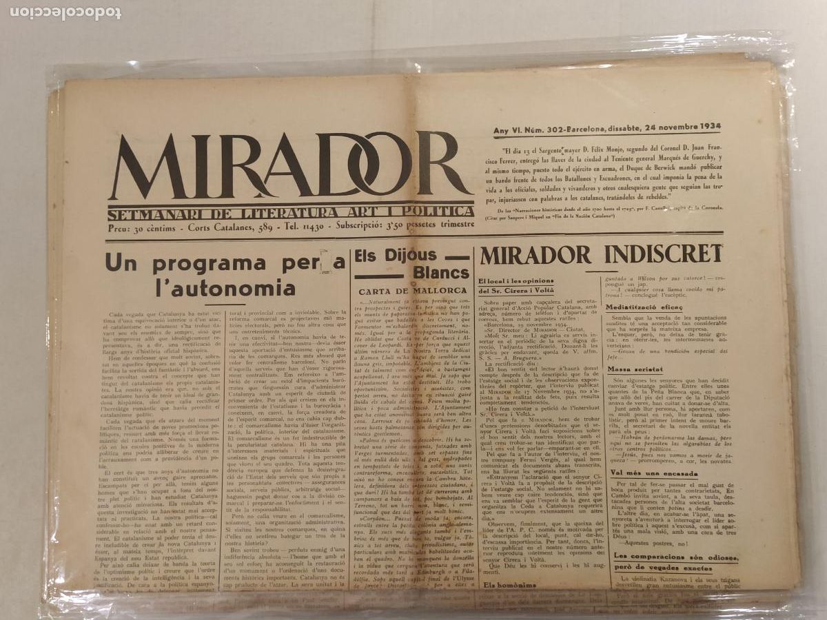 Coleccionismo de revistas y peri&oacute;dicos: MIRADOR - ANY 1934 NUMERO 302 - REPUBLICA - SETMANARI DE LITERATURA ART I POLITICA