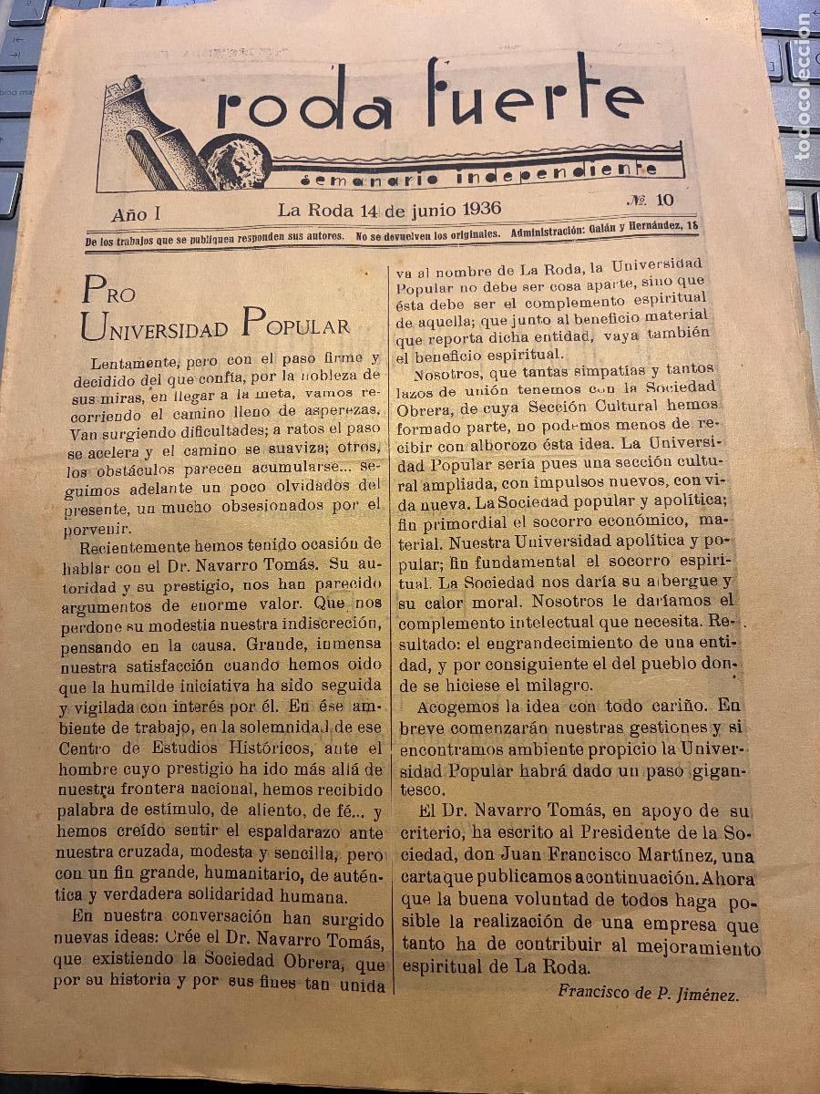 Coleccionismo de revistas y peri&oacute;dicos: La Roda de Albacete semanario independiente Roda Fuerte junio de 1936 12 p.aginas