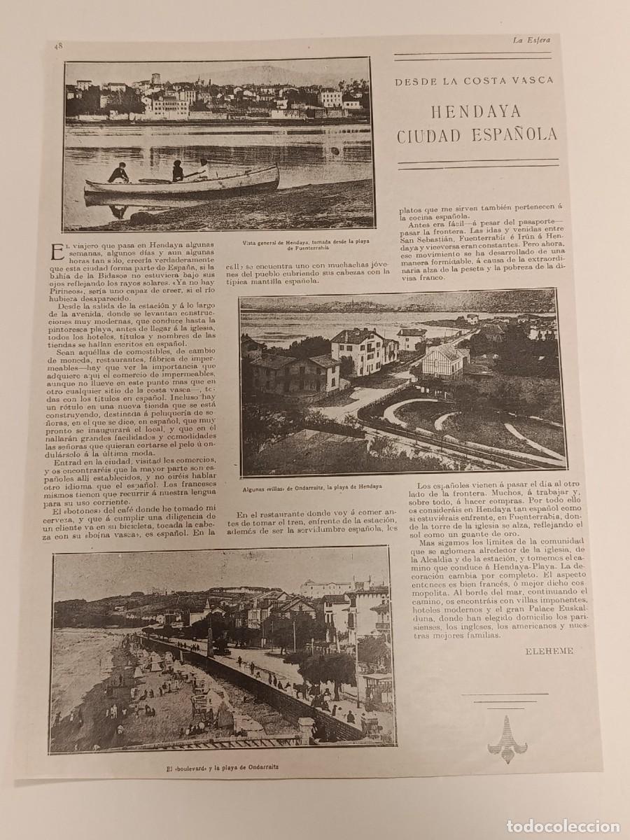 Coleccionismo de revistas y peri&oacute;dicos: Hoja Revista Antigua La Esfera. Desde la Costa Vasca: Hendaya Ciudad Espa&ntilde;ola. Fuenterrab&iacute;a 1920s