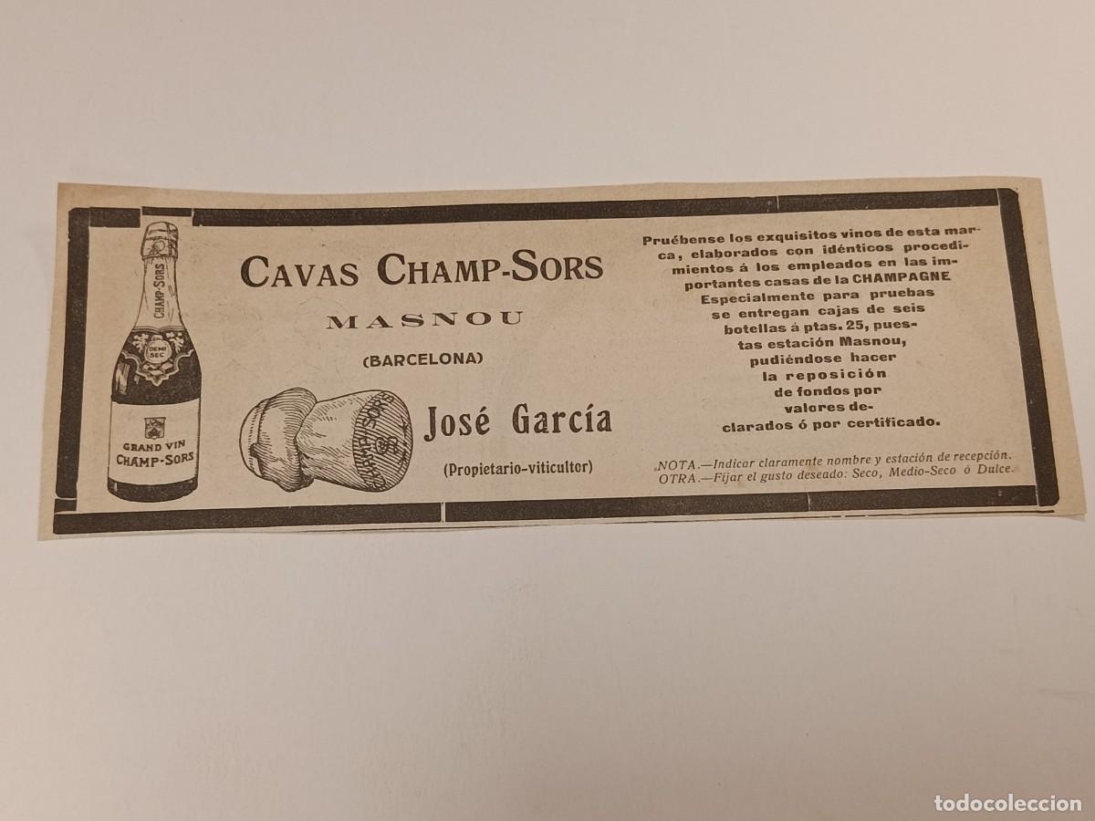 Coleccionismo de revistas y peri&oacute;dicos: Antiguo Recorte Publicitario Cavas Champ-Sors - El Masnou (Barcelona). Jos&eacute; Garc&iacute;a. C. 1920
