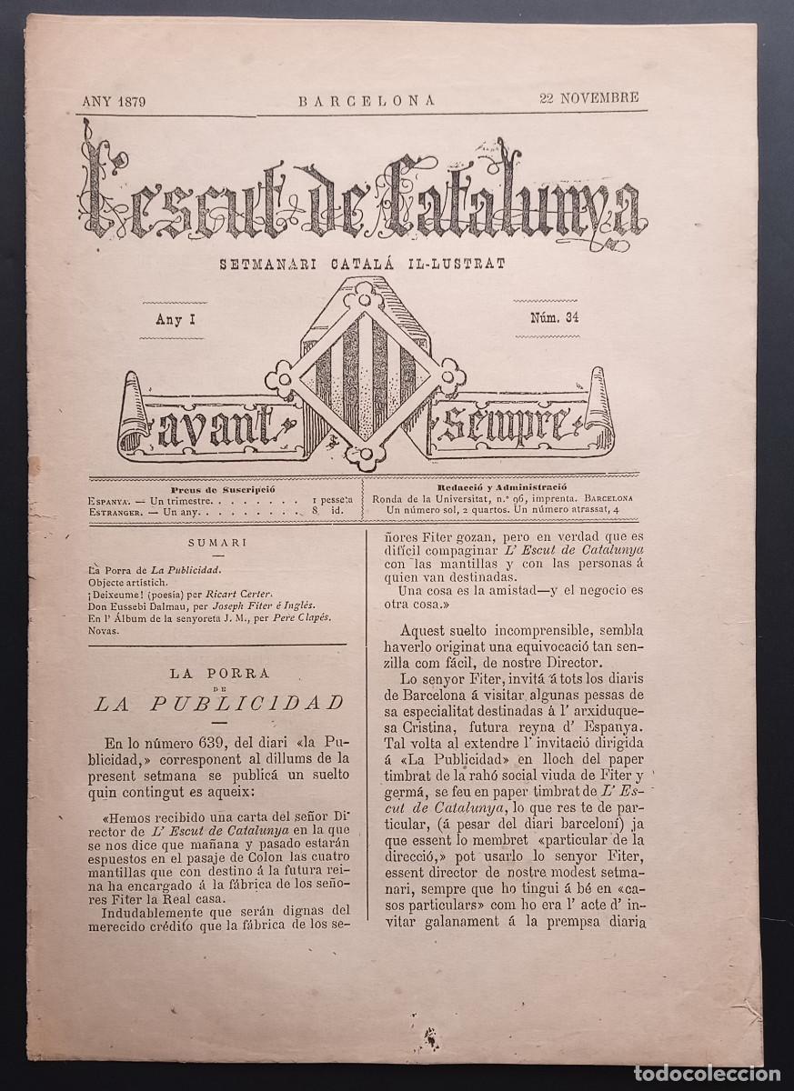 Collection Magazines and Newspapers: L'ESCUT DE CATALUNYA SETMANARI CATAL&Aacute; I&middot;LUSTRAT - ANY I N&ordm; 34 - 22 NOVEMBRE 1879
