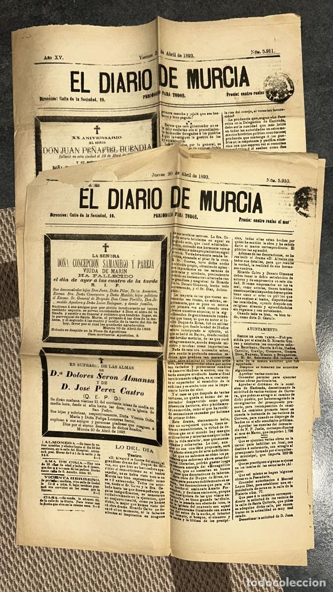 Coleccionismo de revistas y peri&oacute;dicos: PERIODICO ANTIGUO EL DIARIO DE MURCIA 2 EJEMPLARES 20-21 DE ABRIL DE 1893