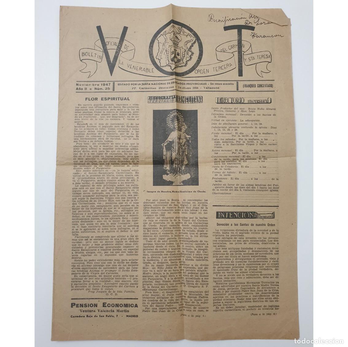 Coleccionismo de revistas y peri&oacute;dicos: BOLET&Iacute;N V.O.T. CARMELITAS 1947 N&ordm; 25 VALLADOLID &Uacute;beda Duruelo Elche Vigo HISTORIA RELIGIOSA EPHEMERA