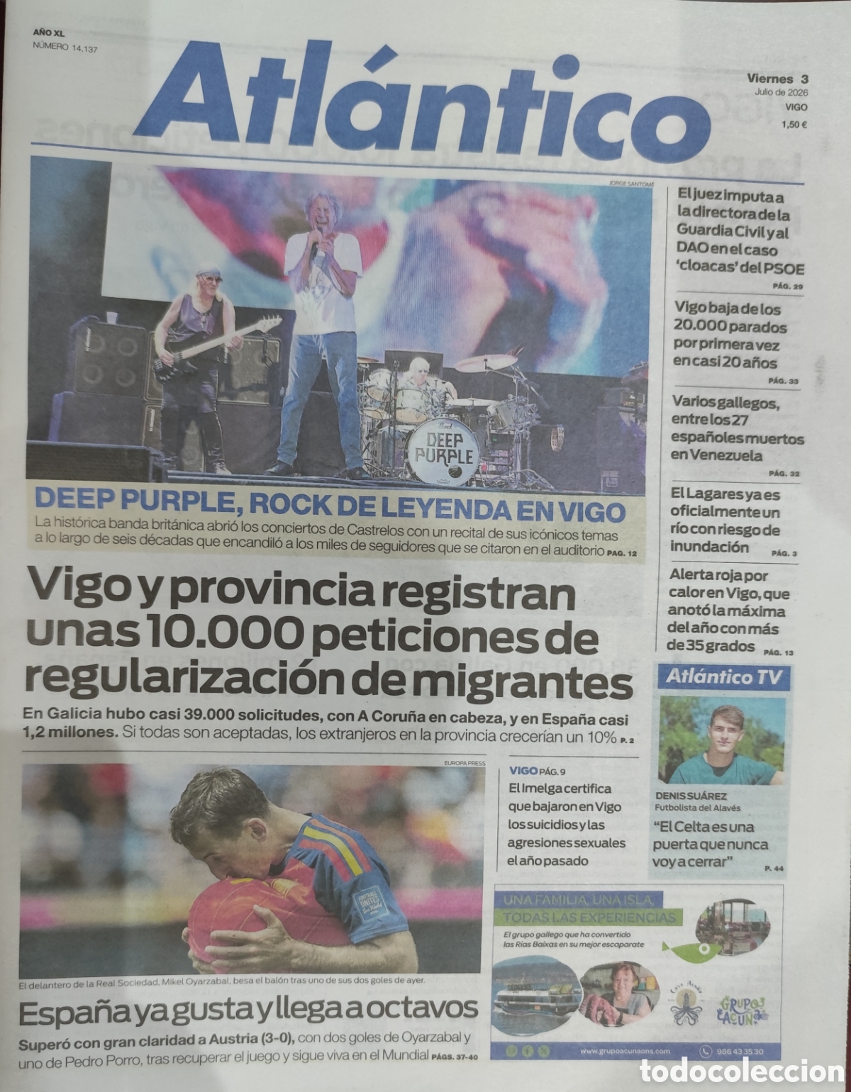 Coleccionismo de revistas y peri&oacute;dicos: DEEP PURPLE. PORTADA Y CR&Oacute;NICA INTERIOR DEL CONCIERTO DE DEEP PURPLE EN VIGO EL DIA 02/07/26