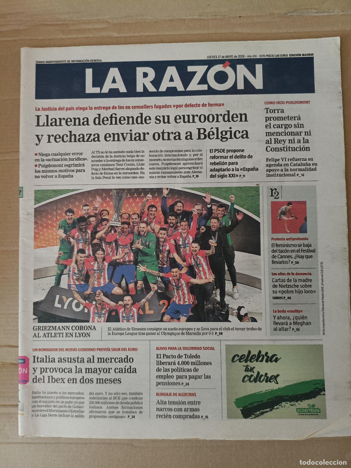 Coleccionismo de revistas y peri&oacute;dicos: La Raz&oacute;n, correspondiente a la edici&oacute;n del jueves 17 de mayo de 2018.