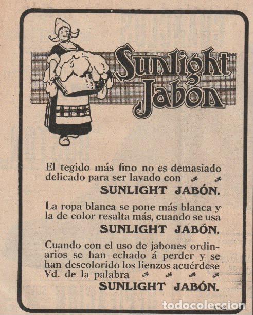 Coleccionismo de revistas y peri&oacute;dicos: Publicidad jab&oacute;n SUNLIGHT - 1910
