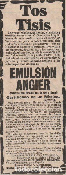 Coleccionismo de revistas y peri&oacute;dicos: Publicidad farmacia: Emulsi&oacute;n Angier contra la tos y la tisis - 1910