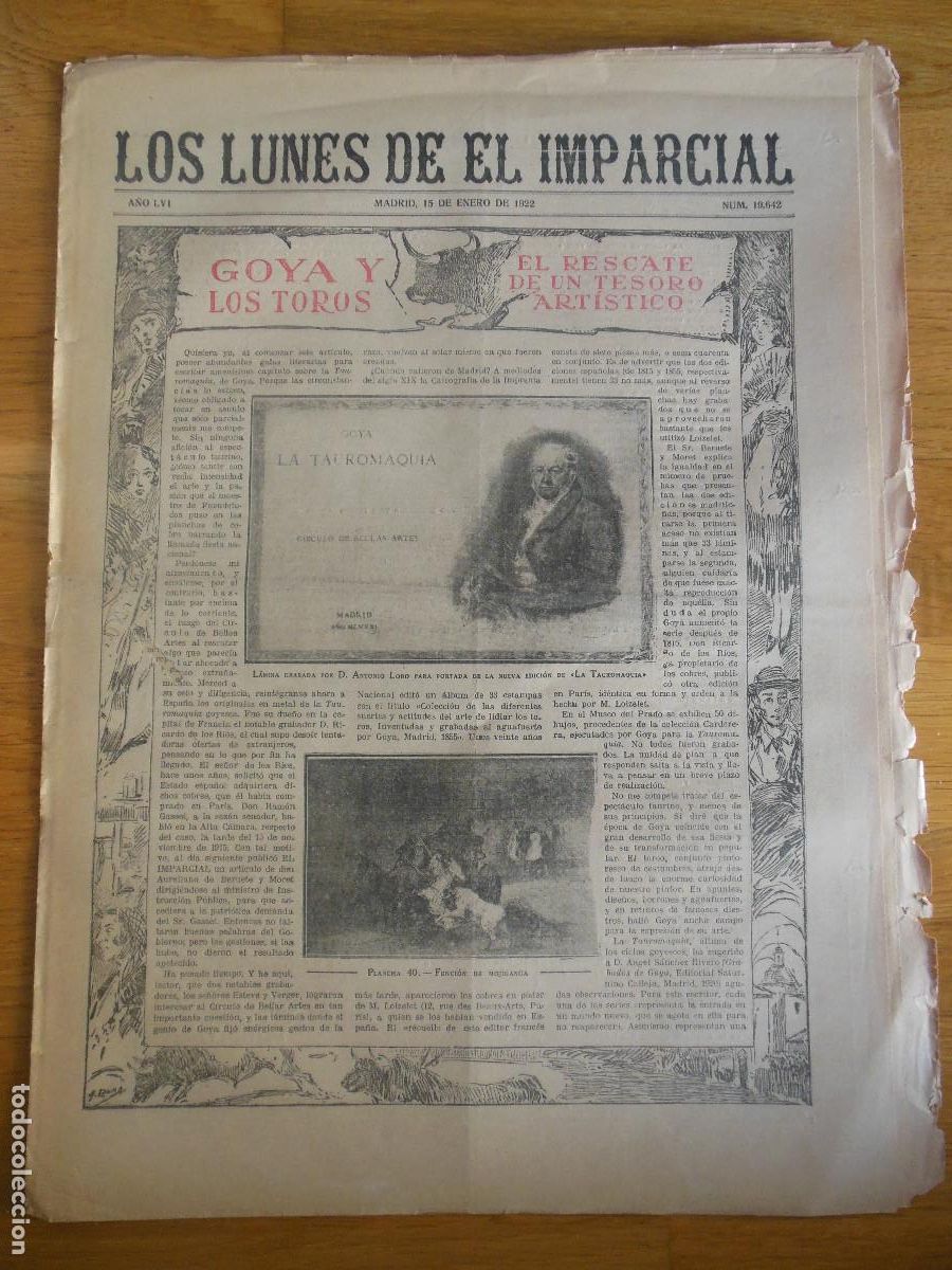 Collection Magazines and Newspapers: 1922 PERI&Oacute;DICO LOS LUNES DE EL IMPARCIAL MADRID GOYA Y LOS TOROS CLAUDEL BARTOLOZZI