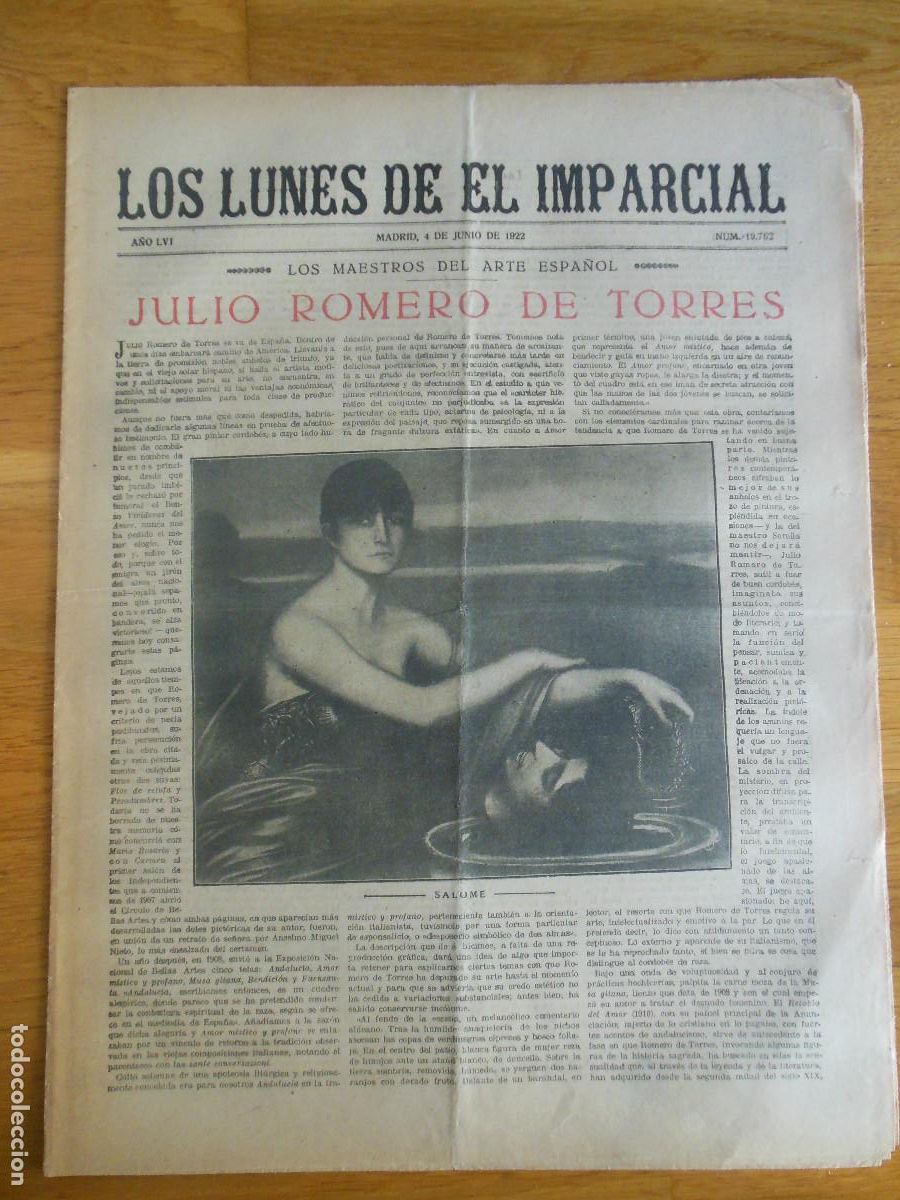 Collection Magazines and Newspapers: 1922 PERI&Oacute;DICO LOS LUNES DE EL IMPARCIAL MADRID JULIO ROMERO DE TORRES ALFONSO XII BARTOLOZZI