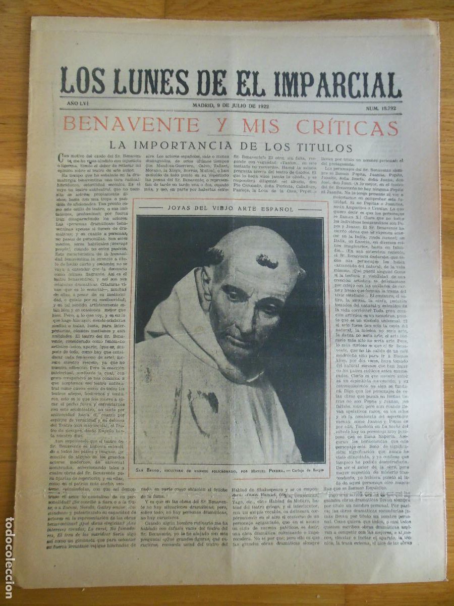 Collection Magazines and Newspapers: 1922 PERI&Oacute;DICO LOS LUNES DE EL IMPARCIAL MADRID BENAVENTE PEREZ DE AYALA OLMEDILLA JOAQUIN BELDA