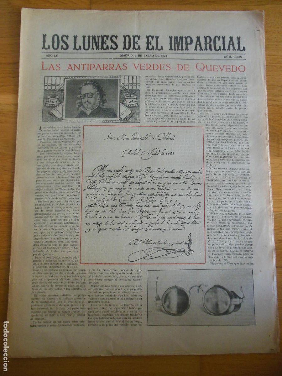 Collezionismo di Riviste e Giornali: 1921 PERI&Oacute;DICO LOS LUNES DE EL IMPARCIAL MADRID - FRANCISCO DE QUEVEDO FIGARO BELTRAN ALOMAR