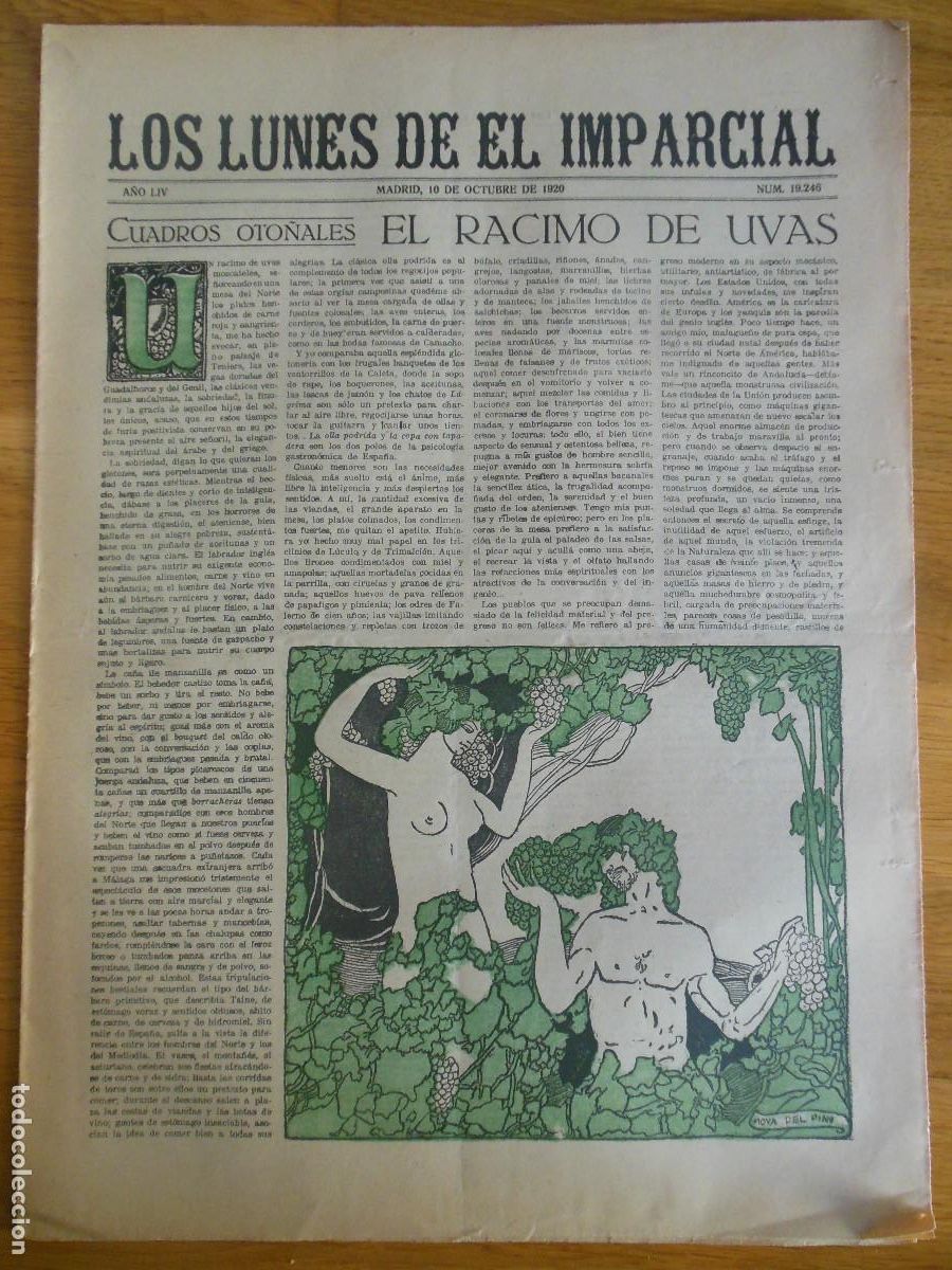 Collectionnisme de Revues et Journaux: 1920 PERI&Oacute;DICO LOS LUNES DE EL IMPARCIAL MADRID - EL RACIMO DE UVAS TOROS TAUROMAQUIA ORTEGO