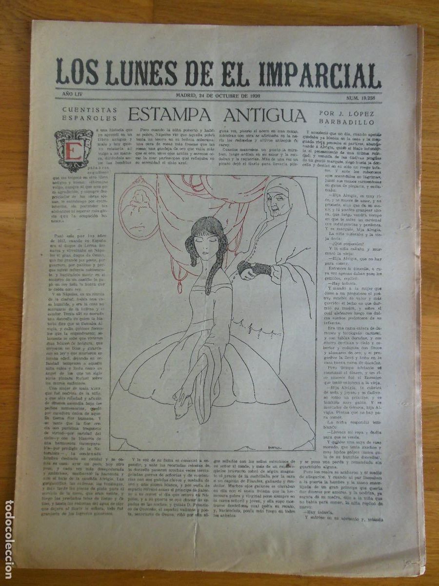 Collezionismo di Riviste e Giornali: 1920 PERI&Oacute;DICO LOS LUNES DE EL IMPARCIAL MADRID - BARBADILLO BARTOLOZZI CASTRO GIL PONCELA