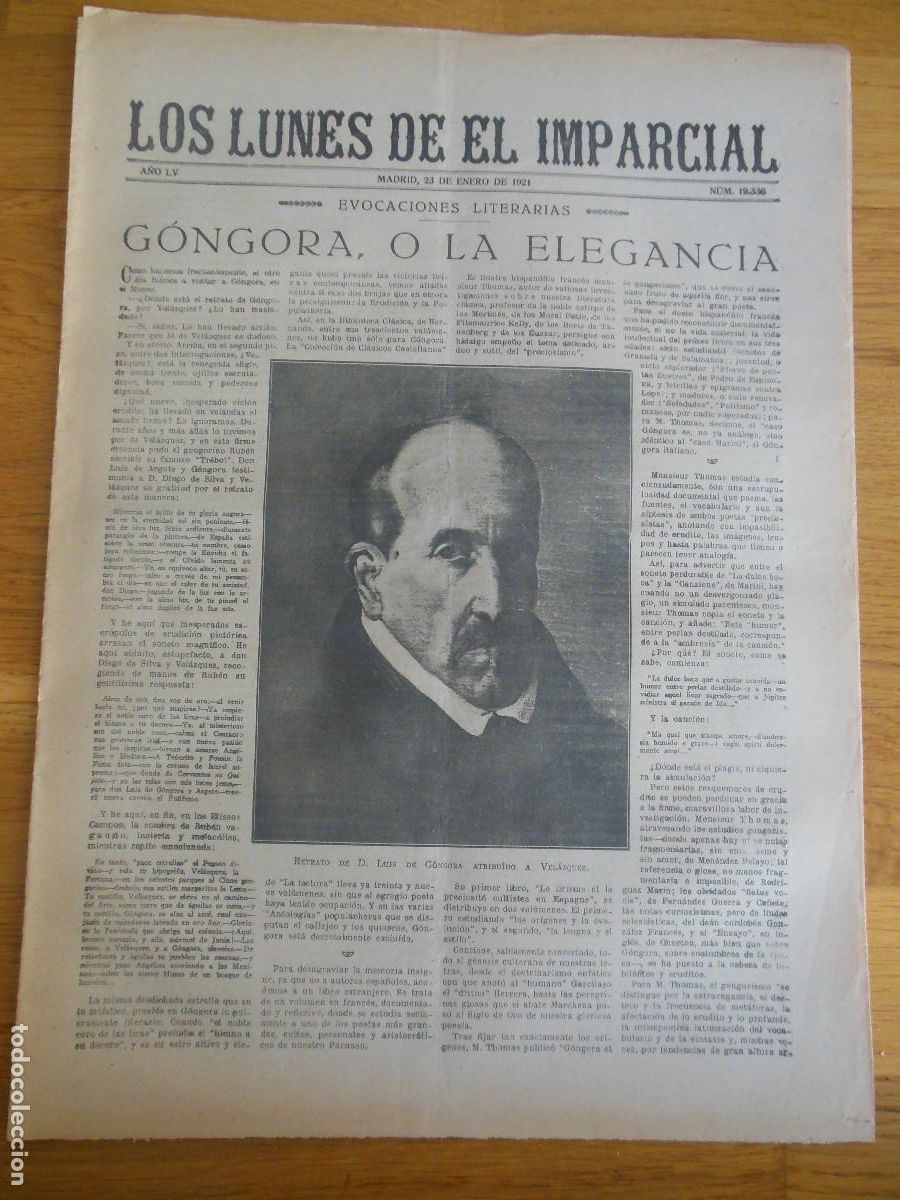 Coleccionismo de revistas y peri&oacute;dicos: 1921 PERI&Oacute;DICO LOS LUNES DE EL IMPARCIAL MADRID - G&Oacute;NGORA VELAZQUEZ MORATIN ARDAVIN