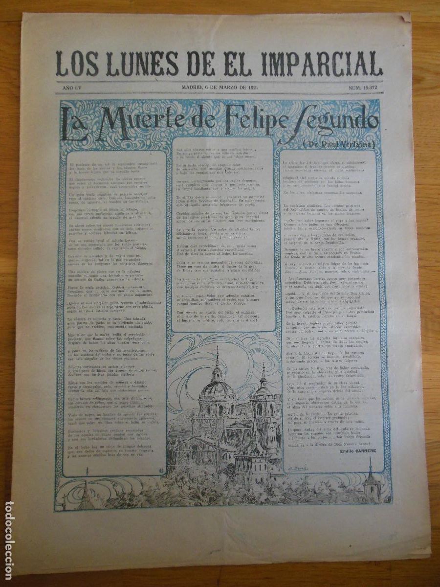 Colecionismo de Revistas e Jornais: 1921 PERI&Oacute;DICO LOS LUNES DE EL IMPARCIAL MADRID - FELIPE II CARRERE GOYA Y BAYEU BELARMINO APOLONIO