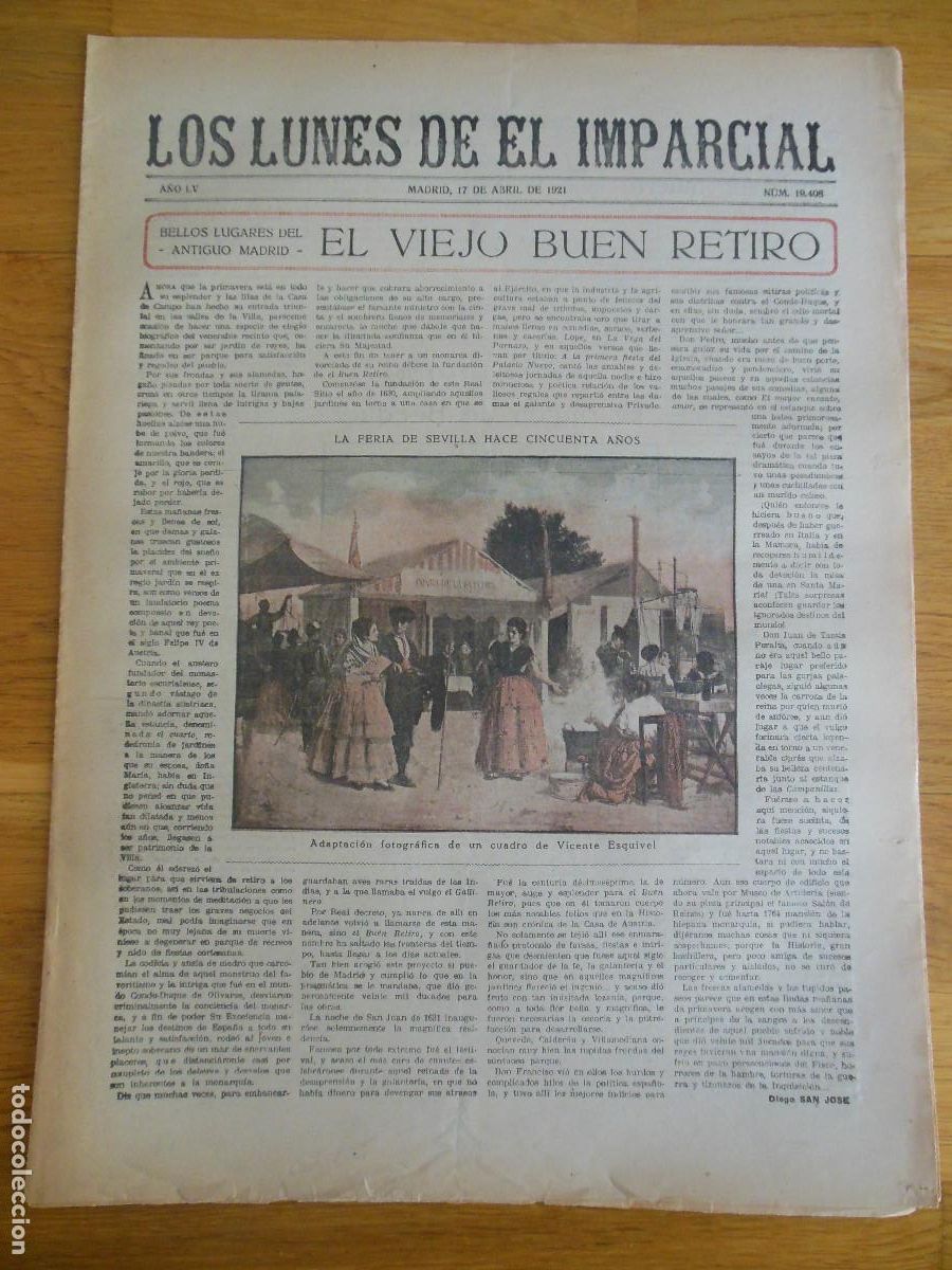 Collezionismo di Riviste e Giornali: 1921 PERI&Oacute;DICO LOS LUNES DE EL IMPARCIAL MADRID - MADRID RETIRO ESQUIVEL BECQUER ANDR&Eacute; GIDE SEVILLA