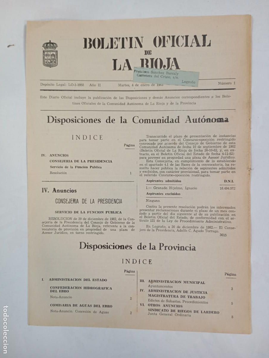 Coleccionismo de revistas y peri&oacute;dicos: BOLET&Iacute;N OFICIAL DE LA RIOJA N&ordm; 1. A&Ntilde;O II. 4 ENERO 1983. TDKR34