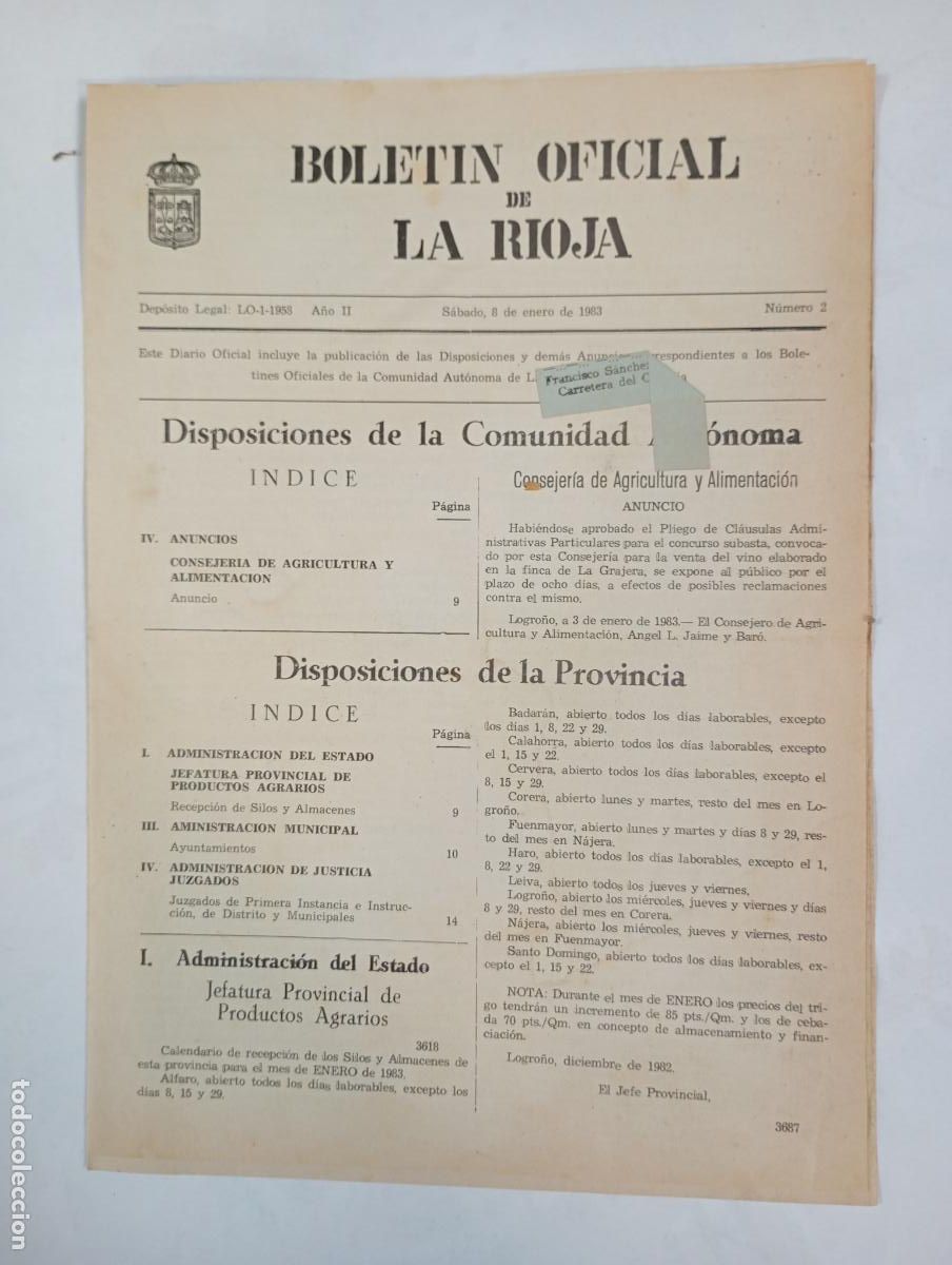 Coleccionismo de revistas y peri&oacute;dicos: BOLET&Iacute;N OFICIAL DE LA RIOJA N&ordm; 2. A&Ntilde;O II. 8 ENERO 1983. TDKR34