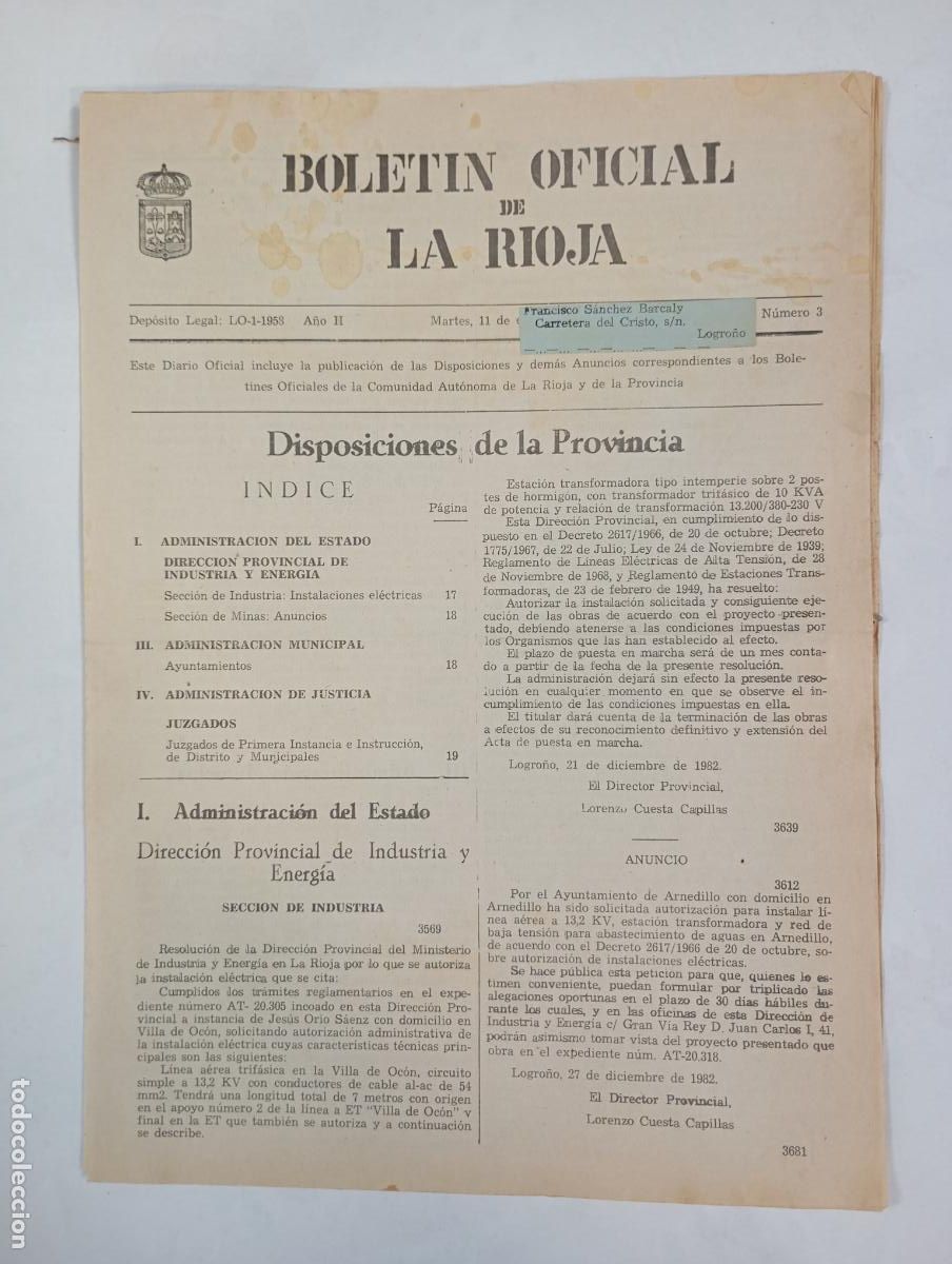 Coleccionismo de revistas y peri&oacute;dicos: BOLET&Iacute;N OFICIAL DE LA RIOJA N&ordm; 3. A&Ntilde;O II. 11 ENERO 1983. TDKR34