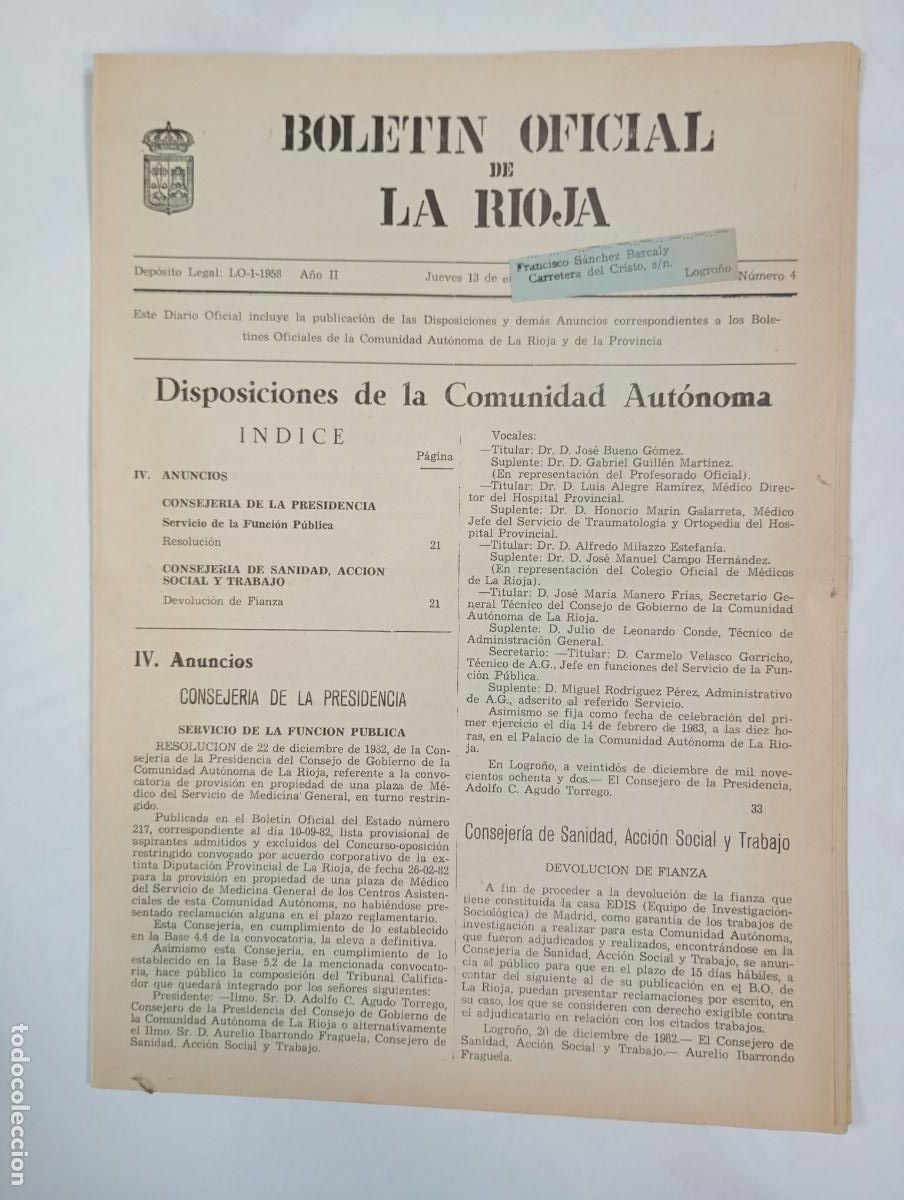 Coleccionismo de revistas y peri&oacute;dicos: BOLET&Iacute;N OFICIAL DE LA RIOJA N&ordm; 4. A&Ntilde;O II. 13 ENERO 1983. TDKR34